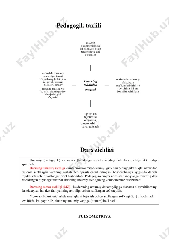 jismoniy mashqlarni texnikasini o'zlashtirish, jismoniy sifatlarni rivojlantirish; 7) o'quvchilarni usuliyatlar nuqtai nazarida tayyorlash, mustaqil shug'ullanishni uddalashga o'rgatish, tashkilotchilik malakalarini berish; 8) o'quvchilarni dalil keltirib quvvatlamoq; 9) mashqlarni ko'rsatishda ko'rgazmali qurollar, texnik vositalar, mashqlarni ko'rsatib berish; 10) pedagogik nazorat; 11) darsda tarbiyaviy ish; 12) yakun yasash, muskullarni bo'shashtiradigan mashqlarni bajarish, uyga vazifa tayinlash. darsning umumiy zichligini (uz) yoki uning qismlarini zichligini aniqlash uchun o'quvchilarning aktiv "faol" harakatlariga (fx)ga sarflangan vaqti umumlashtiriladi. bunga tfx jismoniy mashqlarni bajarish uchun sarflangan vaqt, eshitish, kuzatish va darsni tashkillash, o'zini oqlamaydigan kutishlar va o'quvchilarni bekor qolishi uchun sarflangan vaqtdan boshqa hammasi kiradi. bu vaqt 100%ga ko'paytirilib va darsning "umumiy" "vaqtiga" tu bo'linadi. to'laqonli jismoniy darsining umumiy zichligi 100% ga yaqin bo'lishi lozim. umumiy zichlikni kamayishiga quyidagilar sabab bo'lishi mumkin: - o'zini oqlamaydigan darsdagi besamarv aqt (darsni kech boshlanishi, mashg'ulot joyini, jihozlarni tayyor emasligidan o'quvchilarni navbat kutishi va boshqalar orqali sodir bo'ladigan o'quvchilarni bo'sh qolishidan; - o'qituvchini …
