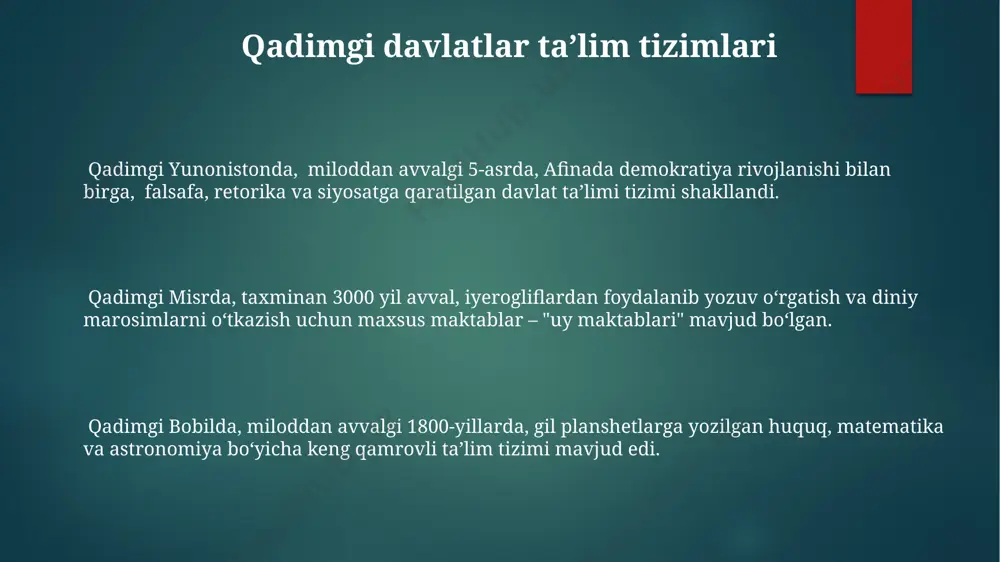 izimiga kiritildi, bu davrning ilmiy va madaniy yutuqlarini aks ettiradi. xvi-xvii asrlarda buxoro va samarqand kabi yirik shaharlarda uyg’onish davri madrasalarida 1000 dan ortiq talaba ta’lim olgan, shuningdek, turli fanlar, jumladan, matematika va astronomiya bo’yicha chuqur bilimlar berilgan. uyg’onish davri davrida, taxminan 15-17 asrlarda, mirzo ulug’bek samarqandda ulkan rasadxona va kutubxona qurdirgan, bu milliy ta’limning rivojiga sezilarli hissa qo’shgan. e'tiboringiz uchun rahmat @taqdimot_robot image1.png image2.png image3.png image4.png image5.png image6.png image7.png image8.png image9.png image10.png