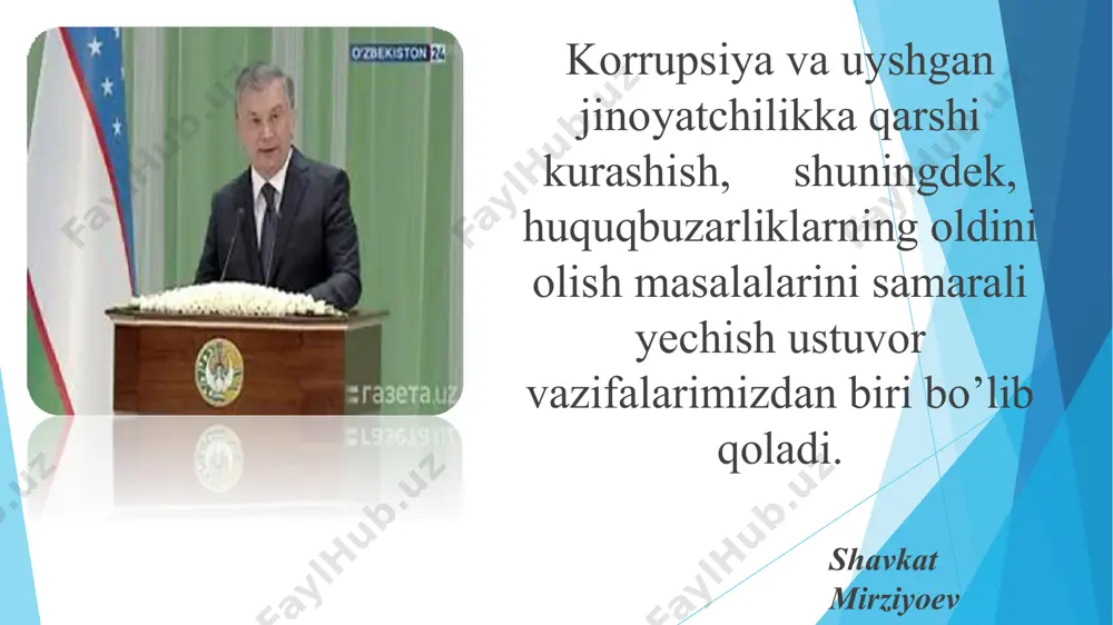 л 17 декабрда қабул қилинган); ҳуқуқий тартиботни сақлаш бўйича мансабдор шахсларнинг хулқ-атвор кодексини самарали амалга оширилиши учун раҳбарий принциплар (бмтнинг иқтисодий ва ижтимоий кенгаши резолюцияси билан 1989 йил 24 майда қабул қилинган); давлат мансабдор шахсларининг халқаро хулқ-атвор кодекси (бмт бош ассамблеясининг резолюцияси билан 1996 йил 12 декабрда қабул қилинган); бирлашган миллатлар ташкилотининг халқаро тижорат операцияларида коррупция ва порахўрликка қарши кураш тўғрисидаги декларацияси (бмт бош ассамблеясининг резолюцияси билан 1996 йил 16 декабрда тасдиқланган); терроризмни молиялаштиришга қарши кураш тўғриси¬даги халқаро конвенция (бмт бош ассамблеясининг резолюцияси билан 1999 йил 9 декабрда қабул қилинган); 6) бирлашган миллатлар ташкилотининг трансмиллий уюшган жиноятчиликка қарши кураш тўғрисидаги конвенцияси (бмт бош ассамблеясининг резолюцияси билан 2000 йил 15 ноябрда қабул қилинган); 8) бирлашган миллатлар ташкилоти бош котибининг коррупцияга оид маърузаси (вена, 2001 йил 8-17 май); 9) коррупцияга қарши кураш бўйича чора-тадбирлар тўплами (2001 йил июнь); коррупцияга қарши кураш чоралари. пулни тозалашга қарши кураш чоралари. жиноятчилик ва одил судлов: xxi …