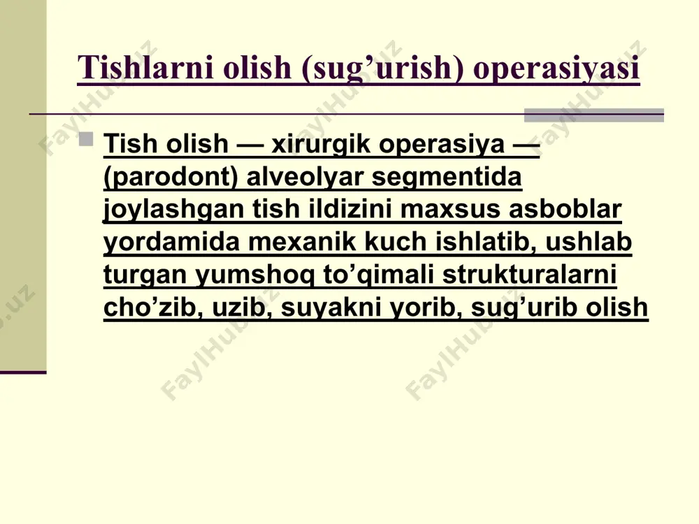 qabuli bilan bog’liq gipokoagulyasiya holati). asab kasalliklari (epilepsiya, maniakal depressiv psixoz va boshqalar) xuruji davri. miya qon aylanishining o’tkir buzilishi. utkir infeksion kasalliklar (gripp, o’tkir respirator infeksiya, tonzillit, shu jumladan o’tkir xavfli infeksiya). - noodontogen yiringli yallig’lanish kasalliklari (abssesslar, flegmonalar, chipqon, saramas). o’tkir nur kasalligi. homiladorlikning 1, 2, 3-oylari homila tushishi va barvaqg tug’ish xavfi hisobiga. hayz kelishi. stomatitlar. yuz-jag’ sohasi o’smalarini nurli davolanish davrida. yuqorida keltirilgan tish olishga nisbiy qarshiliklar bemorni bu operasiyaga tayyorlashni taqozo etadi. tayyorgar- likni, albatga, tegishli soha mutaxassisi bilan birgaliqda amalga oshirish kerak. vaziyat tishni olishni talab etsa, bu amaliyotni tegishli stasionar sharoitida o’tkazish maqsadga muvofiq bo’ladi. shifokor qo’lini tayyorlash. poliklinikada shifokor ommaviy qabulni amalga oshiradi, shuning uchun u niqobda ishlash kerak. operasiyadan oldin shifokor qo’lini tayyorlash muhim bosqichlardan biri hisoblanadi. shifokor qo’lini oqar suvda sovun va shyotka yordamida yuvadi, sochiq bilan quritadi va70% etil spirt yordamida 2-3 minut davomida ishlov beradi. spirt o’rniga 0,5 …
