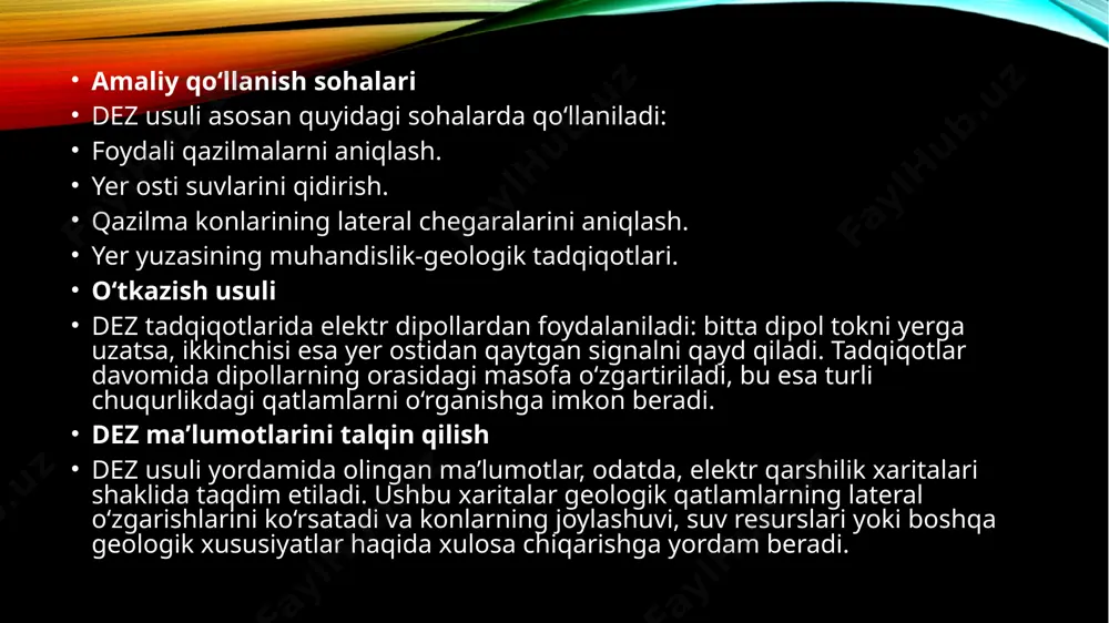 oq ma’lumotga ega bo‘lish. talqin qilish jarayonida zamonaviy dasturiy ta’minotlardan foydalanish vez va dez natijalarini avtomatlashtirilgan tarzda tahlil qilish imkonini beradi. vertikal elektr zondlash (vez) chiziqlarini qayta ishlash va miqdoriy talqin qilish usuli yer osti tuzilishini o'rganishda keng qo'llaniladigan geofizik usullardan biri hisoblanadi. bu usul yordamida yer ostidagi turli qatlamlarning elektr qarshiligini o'lchash va ular haqida muhim ma'lumotlar olish mumkin. vez ma'lumotlarini qayta ishlash jarayoni bir necha muhim bosqichlardan iborat. dastlab, dala sharoitida olingan o'lchov natijalari sinchkovlik bilan tekshiriladi. bu bosqichda xatoliklar aniqlanadi va bartaraf etiladi. barcha ma'lumotlar standart formatga keltiriladi va dastlabki ma'lumotlar bazasi shakllantiriladi. bu bosqich juda muhim, chunki keyingi tahlillar sifati ko'p jihatdan dastlabki ma'lumotlarning aniqligiga bog'liq. ma'lumotlarni qayta ishlashning ikki asosiy usuli mavjud: an'anaviy paletkalar yordamida va zamonaviy kompyuter dasturlari orqali. paletkalar yordamida qayta ishlash usuli uzoq vaqt davomida qo'llanilgan bo'lib, bu usulda teoretik egri chiziqlar to'plami bilan solishtirish orqali qatlamlar parametrlari aniqlanadi. hozirgi kunda bu …