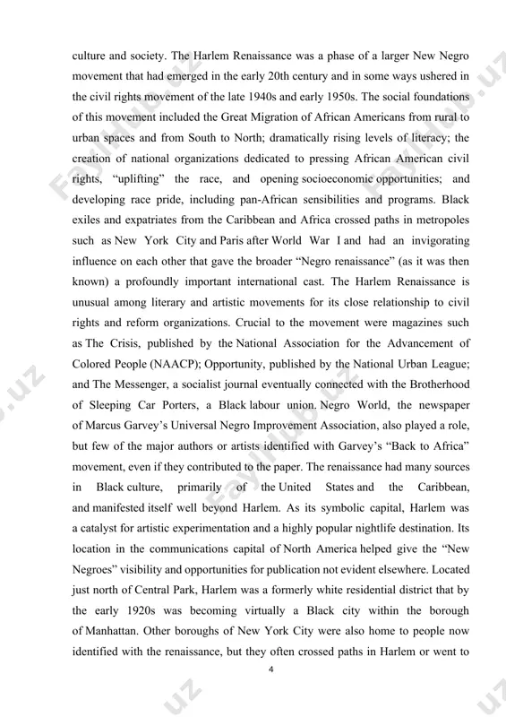 ing socioeconomic opportunities; and developing race pride, including pan-african sensibilities and programs. black exiles and expatriates from the caribbean and africa crossed paths in metropoles such as new york city and paris after world war i and had an invigorating influence on each other that gave the broader “negro renaissance” (as it was then known) a profoundly important international cast. the harlem renaissance is unusual among literary and artistic movements for its close relationship to civil rights and reform organizations. crucial to the movement were magazines such as the crisis, published by the national association for the advancement of colored people (naacp); opportunity, published by the national urban league; and the messenger, a socialist journal eventually connected with the brotherhood of sleeping car porters, a black labour union. negro world, the newspaper of marcus garvey’s universal negro improvement association, also played a role, but few of the major authors or …