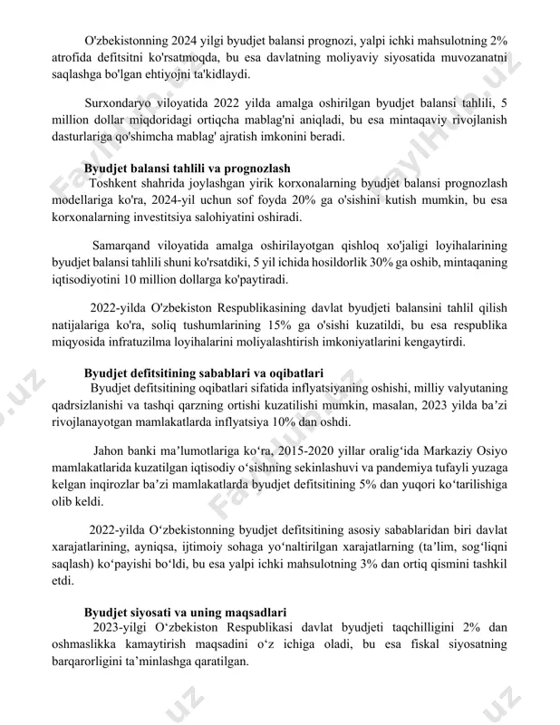 aniqladi, bu esa mintaqaviy rivojlanish dasturlariga qo'shimcha mablag' ajratish imkonini beradi. byudjet balansi tahlili va prognozlash toshkent shahrida joylashgan yirik korxonalarning byudjet balansi prognozlash modellariga ko'ra, 2024-yil uchun sof foyda 20% ga o'sishini kutish mumkin, bu esa korxonalarning investitsiya salohiyatini oshiradi. samarqand viloyatida amalga oshirilayotgan qishloq xo'jaligi loyihalarining byudjet balansi tahlili shuni ko'rsatdiki, 5 yil ichida hosildorlik 30% ga oshib, mintaqaning iqtisodiyotini 10 million dollarga ko'paytiradi. 2022-yilda o'zbekiston respublikasining davlat byudjeti balansini tahlil qilish natijalariga ko'ra, soliq tushumlarining 15% ga o'sishi kuzatildi, bu esa respublika miqyosida infratuzilma loyihalarini moliyalashtirish imkoniyatlarini kengaytirdi. byudjet defitsitining sabablari va oqibatlari byudjet defitsitining oqibatlari sifatida inflyatsiyaning oshishi, milliy valyutaning qadrsizlanishi va tashqi qarzning ortishi kuzatilishi mumkin, masalan, 2023 yilda baʼzi rivojlanayotgan mamlakatlarda inflyatsiya 10% dan oshdi. jahon banki maʼlumotlariga koʻra, 2015-2020 yillar oraligʻida markaziy osiyo mamlakatlarida kuzatilgan iqtisodiy oʻsishning sekinlashuvi va pandemiya tufayli yuzaga kelgan inqirozlar baʼzi mamlakatlarda byudjet defitsitining 5% dan yuqori koʻtarilishiga olib …