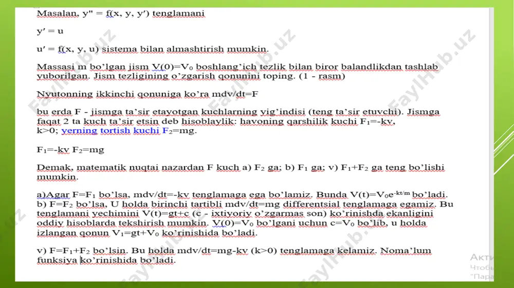 differensial tenglamalarning amaliy masalalar yechish tadbiqlari. mexanik tebranishlkarning differensial tenglamasi. erkin tebranish, majburiy tebranish - Page 3