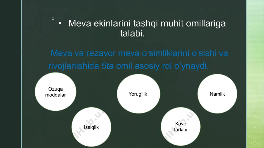 zofitlar (mezos – о‘rtacha) namlik yetarli bо‘lgan joylarda о‘sadigan о‘simliklar. 3) gigrofitlar (gigra – nam) tuproqda havo namligiga nisbatan kо‘proq nam bо‘lgan yerlarda о‘sadigan о‘simliklar. 4) gidrofitlar (gidra-suv) suv muhitiga moslashgan о‘simliklar. bu о‘simliklar suvga yarim botib yashaydilar. 5) gidatofitlar – butunlay suvga botib yashovchi о‘simliklar. gidatofitlarga elodeya, vallisneriya, suv ayiqtovonlari kabi о‘simliklar kiradi. z o’simliklarning namlikka moslashishi. xujayradagi barcha bioximik jarayonlarning normal o’tishi va organizmlarning normal faoliyat ko’rsatishi uchun organizmlar yetarli darajada suv bilan ta’minlangan bo’lishi kerak. namlikning yetishmasligi quruqlik havo muhitining muhim xususiyatlaridan biridir. muhitning namlik darajasi turlicha bo’lib, tropik rayonlarda havo suv bug’lariga to’liq tuyingan bo’lsa, cho’llarda havoda suv bug’lari umuman bo’lmasligi mumkin. namlik sutka va yil davomida ham sezilarli o’zgarib turadi. organizmlarning suv bilan ta’minlanganligi yong’ingarchilik miqdori, suv xavzalarining bo’lishi, tuproq namligi, sizot suvlarining yaqinligiga ham bog’liq. namlik darajasining bunday o’zgaruvchan bo’lishi organizmlarda turli xil moslanishlarini vujudga keltirgan. z z organizmdagi suv barcha oʻsimliklar, tirik organizmlar …