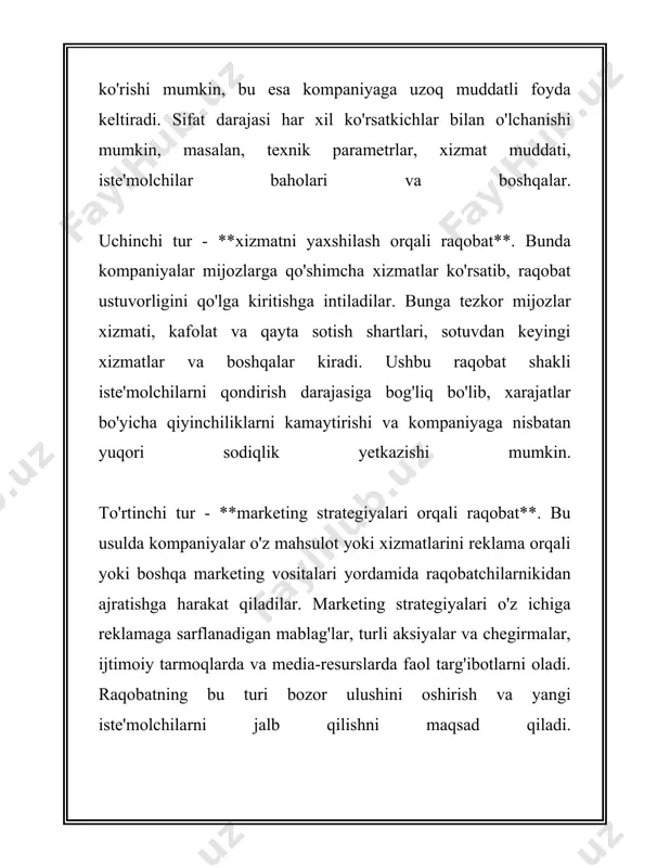 ompaniyalar narxlarni bir-biriga moslashishi mumkin, raqobat narxidan chetga chiqish kamroq sodir bo'ladi. 3. **misollar:** dunyo avtosanoati, masalan, ford, toyota, va volkswagen, yoki texnologik gigantlar, masalan, apple, google va amazon, tipik oligopoliya misollari. 4. **statistik belgilar:** - yevropa avtomobil sanoatida ustunlik qiluvchi 5 yirik kompaniya butun bozordan 80% ulushni egallaydi. - oligopoliyalik bozorlarda narxlar o'zgarishi odatda 5-10% oralig'ida bo'ladi. bu ikki tushunchaning iqtisodiy ahamiyati katta. monopoliyalarda yirik kompaniyalar ko'pincha innovatsiyalarni rag'batlantirish imkoniyatigа ega bo'lish imkoniyatiga ega bo'lsalar ham, ular bilan bog'liq bo'lgan iste'molchilar uchun yuqori narxlar va chegaralangan tanlov muammolar ko'tarishi mumkin. oligopoliyalar esa raqobatni saqlanishini ta'minlasa-da, ba'zan narx kelishuvlarini (kartel kelishuvlarini) va bozor hukmronligini qo'llab-quvvatlashi mumkin. shu sababli, hukumatlar va tartibga soluvchi organlar monopoliya va oligopoliyalarni boshqarish va nazorat qilish, iste'molchilar manfaatlari himoyalanishini ta'minlash uchun muhim rol o'ynaydi. 3. erkin bozor raqobati erkin bozor raqobati — bu bozor iqtisodiyotining asosiy tamoyillaridan biri bo‘lib, u bozordagi turli ishtirokchilar o‘rtasida tovar va …