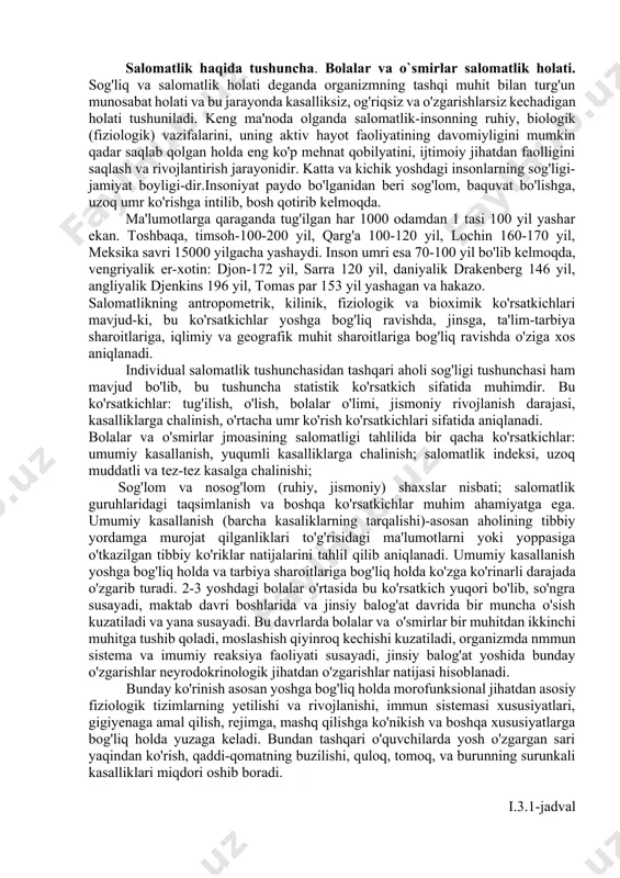 iydik kalavasimon kanalchalarga o’tadi. filtrlangan kapillyar qon tomirlari yana bir-biri bilan qo’shilib kapsuladan chiquvchi arterial tomirni hosil qiladi. ular yana kapillyar qon tomiriga bo’linib, egri-bugri kanalchalarni va genli halqani to’rsimon shaklda o’rab oladi. egri-bugri kanalchalarga (va genli halqani) birlamchi siydik tarkibiga qand va aminakislotalar, suv, tuzlar arteriya tomirlaridan vena tomirlariga qayta so’rilib ikkilamchi siydik hosil bo’ladi. katta odamlarda 1 kecha-kunduzda o’rtacha 100 l birlamchi siydik filtirlanib uning 98,5-99%i egri-bugri kanalchalar orqali qonga qayta so’riladi, qolgan 1-1,5 ikkilamchi siydik sifatida tashqariga chiqariladi. i.3.2-rasm. siydik ajratish sistеmasi. i-buyrak va qovuq: 1-buyrak; 2-buyrak usti bеzlari; 3-pastki kovak vеna; 4-qorin aortasi; 5-buyrak jomlari; 6-buyrakning miya va 7-po`stloq qavatlari; 8-siydik yo`li (o`rtasidan kеsilgan); 9-qovuq dеvori; 10-siydik yo`lining qovuqning ichki dеvoridagi tеshigi. ii-buyrakning uzunasiga kеsilgani: 1-buyrak artеriyasi; 2-buyrak vеnasi; 3-buyrak jomi; 4-siydik yo`li; 5-buyrakning ichki (miya) qavati; 6-tashqi (po`stloq) qavati; 7-buyrak kosachalari; 8-buyrak piramidalari. iii-buyrak piramidalarining mikro-skop tuzilishi: 1-buyrak koptokchalari; 2-birinchi tartibdagi burama kanalcha(6)ga aylanadigan to`g`ri …