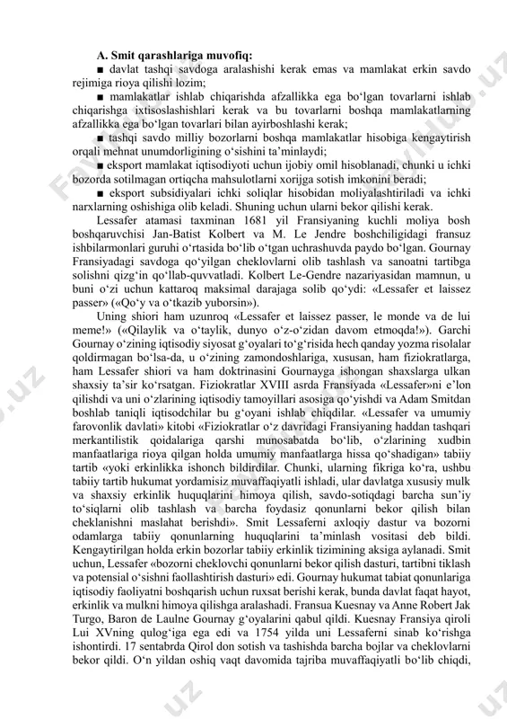 o aloqalarini taqiqlash va mustamlakalarni xomashyo ta’minotchisiga aylantirish. merkantilistlar g‘oyasiga binoan iqtisodiy tizimda tо‘liq bandlikka erishib bо‘lmaydi. shu sababli xorijdan keladigan qо‘shimcha «oltin qо‘shimcha» ish joylarining yaratilishi, ishsizlik darajasining pasayishi va ishlab chiqarish imkoniyatlarining kengayishiga olib keladi. merkantilistlar xalqaro savdo nazariyasi rivojlanishiga jiddiy ulush qо‘shdilar. ular xalqaro savdoning mamlakat iqtisodiy о‘sishidagi о‘rnini birinchi bо‘lib chuqur tahlil qildilar va uning rivojlanishining muhim modellaridan birini ishlab chiqdilar. 2.1 savol va topshiriqlar 1. merkantilizm g‘oyasining mazmun va mohiyatini yoritib bering. 2. «mutlaq afzallik» nazariyasidagi kamchiliklar nimalardan iborat? 3. mamlakatlarning ishlab chiqarish omillari bilan ta’minlanganligi va ulardan foydalanish darajasi nima? 2.2. erkin savdo nazariyalari. lessafer tushunchasiva raqobat erkinligi «erkin savdo» nazariyasi. merkantilistlarni keskin tanqid qilgan iqtisodchilardan biri adam smitdir (1723–1790). a. smit mamlakatning boyligi u ega bо‘lgan oltin miqdoriga emas, balki uning ishlab chiqarish imkoniyatlariga bog‘liqligini kо‘rsatib berdi. shuning uchun har qanday davlatning bosh vazifasi mamlakat ega bо‘lgan oltin miqdorini oshirish emas, balki xalqaro …