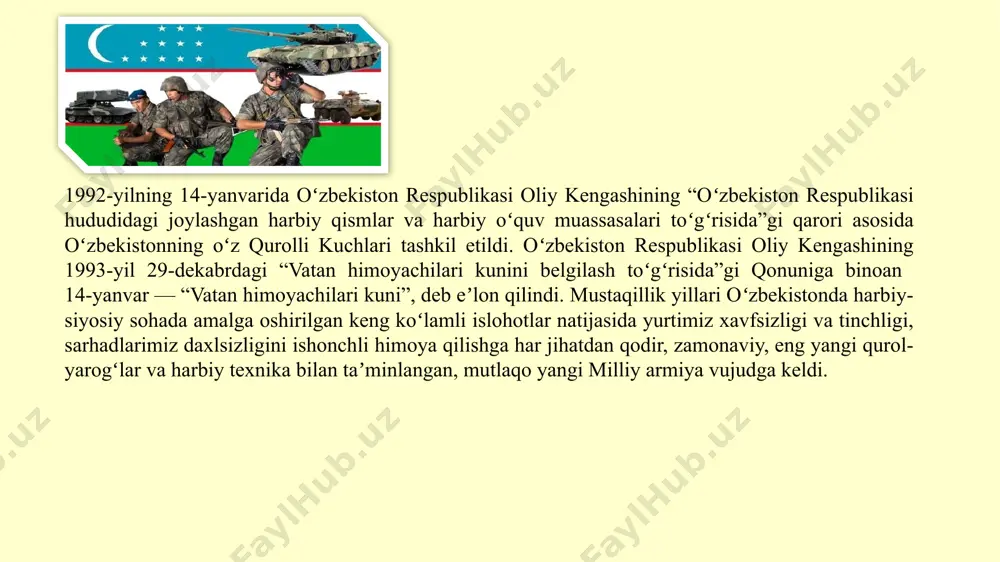 oʻquvchilarga fuqaro mudofaasi hamda harbiy bilim asoslari boʻyicha dastlabki nazariy bilimlarni berish va amaliy koʻnikmalarni hosil qilish yoshlarda respublika qurolli kuchlari safida harbiy xizmat haqidagi tasavvurni va ijobiy munosabatni shakllantirish oʻquvchilarning vatan himoyasini taʼminlash borasidagi harbiy-texnik tayyorgarlikka ega boʻlishlari uchun zarur shart-sharoitlar yaratish harbiy xizmat davridagi qiyinchiliklarni bartaraf etishga yordam beruvchi oʻziga ishonch va oʻz imkoniyatlarini toʻgʻri baholay olish xususiyatlarini shakllantirish oʻquvchilarni favqulodda vaziyatlarda tegishli chora-tadbirlarni koʻra olish, shuningdek, qurolli xurujlardan himoyalanish koʻnikma va malakalarini shakllantirish chaqiriqqacha yoshlarni tayyorlash mashgʻulotlarini olib borish “burgutlar”, “yosh chegarachilar” va boshqa harbiy-sport oʻyinlarini tashkil qilib borish yosh avlodning oilada, maktabda, toʻgaraklarda harbiy soha, armiya xizmati ishi bilan tanishib borishi harbiy - vatanparvarlik yoʻnalishidagi tadbirlarni amalga oshirib borish harbiy-vatanpavarlik tarbiyasini amalga oshirish boʻyicha asosiy jarayonlar vatanga xiyonat – eng ogʻir gunoh. vatanni himoya qilish naqadar ulugʻ savob hisoblansa, unga xiyonat qilish, qurol bilan bostirib kirish shu qadar katta gunoh, eng oliy jazoga loyiq jinoyat hisoblanadi. …