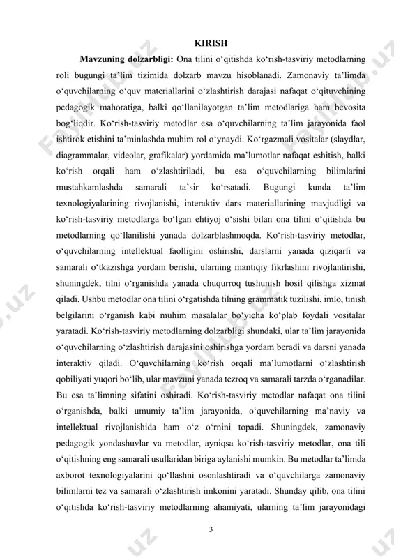 masalan, slaydlar, videolar, diagrammalar, grafikalar va interaktiv dars materiallari yordamida darslar yanada samarali bo‘ladi va o‘quvchilarning darsga bo‘lgan qiziqishi ortadi. bu esa o‘z navbatida, tilni o‘rgatish jarayonini tezlashtiradi va yaxshilaydi. ko‘rish-tasviriy metodlarning amaliyotda qo‘llanilishi o‘quvchilarning ona tiliga bo‘lgan qiziqishini yanada oshiradi va ularga yanada yaxshi ta’lim olish imkoniyatini yaratadi. ona tili o‘qitishda ko‘rish-tasviriy metodlarning roli va ahamiyatini tahlil qilishdir. kurs ishida, ayniqsa, ko‘rish-tasviriy metodlardan foydalanishning o‘quvchilar uchun qanday foydalari borligi, bu metodlar orqali qanday qilib til o‘rganishni samarali qilish mumkinligi haqida so‘z yuritiladi. shuningdek, ona tili darslarida ko‘rish-tasviriy vositalardan foydalanishning samaradorligi, ularning ta’lim jarayoniga ta’siri va bu metodlarni qanday qo‘llash bo‘yicha amaliy misollar keltiriladi. ko‘rish-tasviriy metodlar, nafaqat o‘quvchilarning bilimini mustahkamlashda, balki ularda milliy tilni sevish, o‘z madaniyatiga hurmat bilan qarashni shakllantirishda ham muhim rol o‘ynaydi. ona tili o‘qitishda ko‘rish-tasviriy metodlarning samarali qo‘llanilishi o‘qituvchilarning pedagogik mahoratini talab qiladi. o‘qituvchilar bu metodlardan foydalanishda yangi texnologiyalar va ta’lim vositalarini ham qo‘llashlari zarur. zamonaviy …