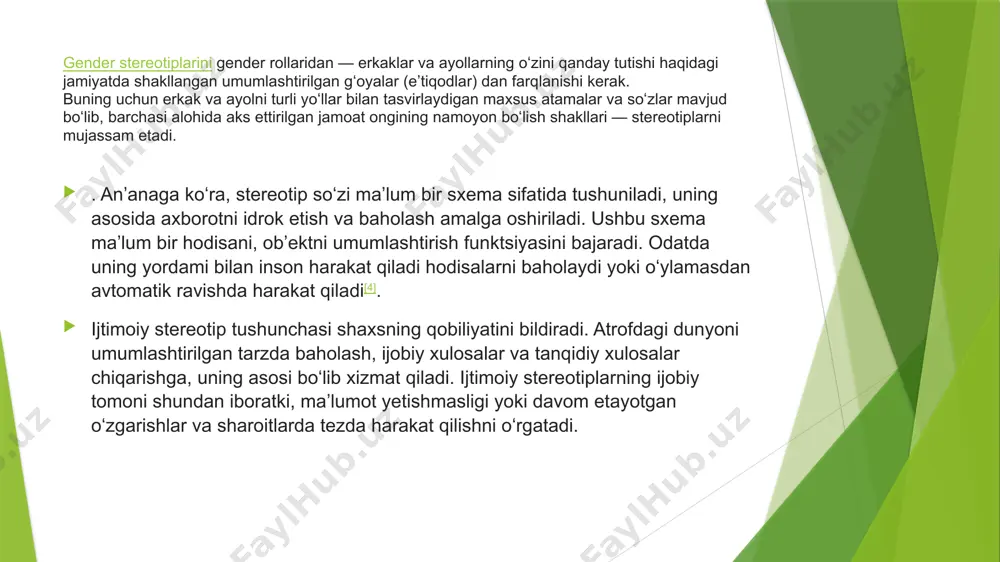 zmuni va madaniy xilma-xillik turli madaniyatlarda gender stereotiplarining mazmuni biroz oʻxshashdir. misol uchun, 25 mamlakat talabalari oʻrtasida oʻtkazilgan tadqiqotga koʻra, tegishli madaniyatlarda jasorat, mustaqillik, kuch, hokimiyat va hukmronlik istagi erkaklarga, noziklik, qaramlik, xayolparastlik, emotsionallik, boʻysunish va zaiflik ayollarga tegishli fazilatlar degan fikrlar olindi[7]. boshqa tomondan, xuddi shu tadqiqot dangasalik, takabburlik, maqtanchoqlik va tartibsizlik kabi fazilatlar turli madaniyatlarda turli jinslarga tegishlilikni ham isbotladi[8]. gender stereotiplari maʼlum bir jamiyatda qabul qilingan gender rollariga bogʻliq boʻlganligi sababli, ularning mazmuni va ifodalanish darajasi turli madaniyatlarda farq qilishi va tarix davomida bir madaniyat doirasida gender rollari bilan birga oʻzgarishi mumkin. masalan, xix-asrning oxirida gazetalarni chop etishda linotip ishlatilgach, matbaachilar ish beruvchilarning linotipga xizmat koʻrsatish uchun ayollarni (erkaklarga qaraganda kamroq haq toʻlashlari mumkin boʻlgan) yollamasligini taʼminladilar va buni tabiatan ayollar boʻlganligi bilan asosladilar. bunday asbob-uskunalarni boshqarish va bosma biznesni amalga oshirishga qodir emas. biroq, keyinchalik, yozuv mashinkalarining tarqalishi bilan, aynan ayollar yozuvchi sifatida ommaviy ishlay boshladilar …