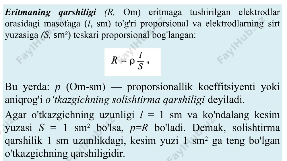otensiometrik titrlashga nisbatan sezgirligi katta. bundan tashqari, yuqori chastotali titrlash bir necha afzalliklarga ega, ya’ni elektrodlar eritmaga tushirilmaydi; analizni rangli, quyuq smola, emulsiya, zaharli suv, organik erituvchilar muhitida ham olib borish mumkin. yuqori chastotali titrlash usulidan neytrallanish, cho'ktirish, kompleks hosil qilish va oksidlanish-qaytarilish reaksiyalaridan foydalanish mumkin. yuqori chastotali titrlash usulining кamсhi1igi: titrlash asboblari murakkab tuzilgan; yacheyka doimiyligini saqlab turish ancha qiyin. kuchli kislota (asos) ni kuchli asos (kislota) bilan titrlash ke rakl i a s b o b - u s ku na l a r va reaktivlar: yuqori chastotali tb-6j1 titratori; mikroburetka; 10,00 ml li pipetka; 50,00 ml li o'lchov kolbasi; aralashtirgich o'zagi; 0,0100 n naoh yoki koh; -0,1 n h2so4 yoki hcl. aniqlanadigan modda eritmasining konsentratsiyasi titrantning konsentratsiyasiga nisbatan 10 marta kichik bo'lishi kerak. ishning bajarilish tartibi . titrlash stakaniga pipetka bilan 5 ml 0,1 n h2so4 ning eritmasidan quyiladi. stakanni yacheykaga joylashtirib, eritmani hajmi yuqorigi halqadan 3—5 …