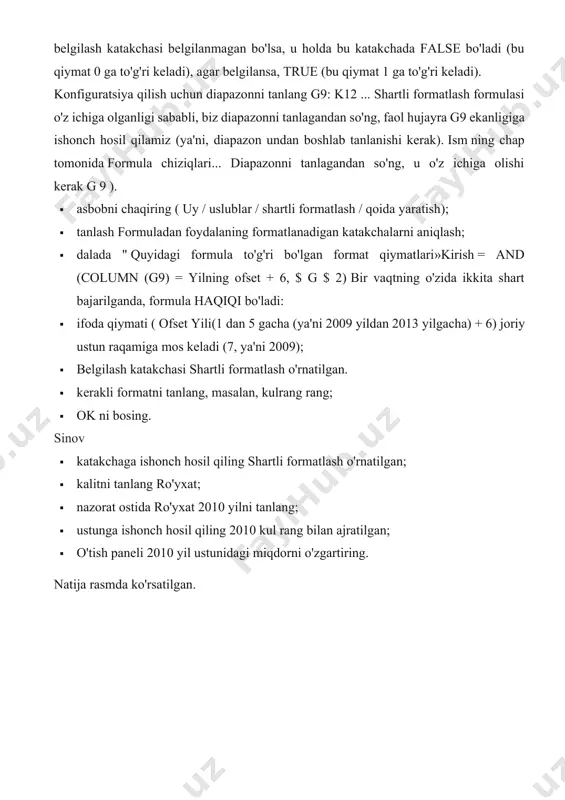 si shartli formatlash o'rnatilgan. · kerakli formatni tanlang, masalan, kulrang rang; · ok ni bosing. sinov · katakchaga ishonch hosil qiling shartli formatlash o'rnatilgan; · kalitni tanlang ro'yxat; · nazorat ostida ro'yxat 2010 yilni tanlang; · ustunga ishonch hosil qiling 2010 kul rang bilan ajratilgan; · o'tish paneli 2010 yil ustunidagi miqdorni o'zgartiring. natija rasmda ko'rsatilgan. afsuski, shakl nazorat qiladi belgilash qutisi, birlashtirilgan quti va ro'yxat ko'rsatilgan shriftni formatlashning iloji yo'q. lekin buni activex boshqaruvlari yordamida amalga oshirish mumkin ( ishlab chiqaruvchi / boshqaruvlar / joylashtirish). ammo, bu elementlar bilan ishlash uchun vba da dastur yozish kerak. frizen irina grigorievna - pedagogika fanlari nomzodi, o'qituvchi axborot texnologiyalari, axborot texnologiyalari sohasidagi ko'plab asarlar muallifi. bu o'quv qo'llanma 230103 mutaxassisligi bo'yicha o'rta maxsus ta'lim muassasalari uchun fanni o'rganish davlat dasturiga muvofiq yozilgan. avtomatlashtirilgan tizimlar ma'lumotlarni qayta ishlash va boshqarish ". ofis dasturlash qo'llanmada ishlash uchun etarli materiallar mavjud amaliy mashg'ulotlar fan bo'yicha, …
