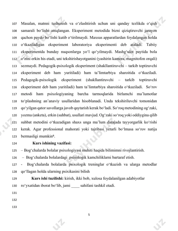 adabiyotlar ro‘yxatidan iborat bo‘lib, jami ____ sahifani tashkil etadi. i bob. bolalarning psixologiyasi va bolalik davri mobaynida psixologik ta’sirlarning o‘rni . 1.1.bolalar psixologiyasi haqida tushuncha bolalar psixologiyasi muhim fanlardan biri bo‘lib, u xix asrning ikkinchi yarmida umumiy psixologiyadan mustaqil fan sifatida ajralib chiqqan. bolalar psixologiyasi bolalarni o‘rganuvchi fandir. biroq bolalarni faqat bolalar psixologiyasi emas, balki boshqa fanlar ham o‘rganadi. bolalar psixologiyasi bolalarni maxsus tarzda psixologik jihatdan o‘rganadi.bolalar psixologiyasi – bolaning tug‘ilgan vaqtidan boshlab to maktab yoshiga yetgunga qadar psixik jihatdan taraqqiy etish qonuniyatlarini va shaxsiy psixologik xususiyatlarining tarkib topishini o‘rganadigan fan. bola odam sifatida tashqi jihatdan katta yoshli odamlarga o‘xshasa ham o‘zining psixik jarayonlari va shaxsiy psixologik xususiyatlarining mazmuni jihatidan katta yoshli odamlardan keskin farq qiladi. bolalarda hali turmush tajribasi deyarli yo‘qligi sababli ularning sezgi va idroklari, tafakkur va xayollari, hissiyot va irodalari katta yoshli odamlardagidek bo‘lmaydi. bolalar psixologiyasi har bir taraqqiyot bosqichidagi (ya’ni go‘daklik, ilk yosh va maktabgacha yoshdagi) …