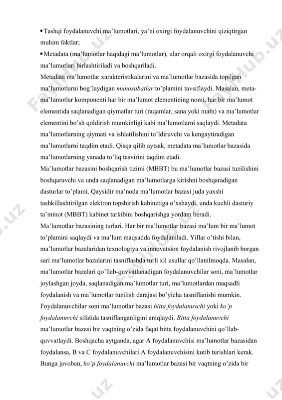 vchi sifatida tasniflanganligini aniqlaydi. bitta foydalanuvchi ma’lumotlar bazasi bir vaqtning o’zida faqat bitta foydalanuvchini qo’llab-quvvatlaydi. boshqacha aytganda, agar a foydalanuvchisi ma’lumotlar bazasidan foydalansa, b va c foydalanuvchilari a foydalanuvchisini kutib turishlari kerak. bunga javoban, ko’p foydalanuvchi ma’lumotlar bazasi bir vaqtning o’zida bir nechta foydalanuvchilarni qo’llab-quvvatlaydi. ko’p foydalanuvchi ma’lumotlar bazasi nisbatan kam miqdordagi foydalanuvchilarni (odatda 50 dan kam) qo’llab-quvvatlasa, tashkilotning ishchi guruhi ma’lumotlar bazasi deb ataladi. ma’lumotlar bazasi butun tashkilot tomonidan ishlatilganda va ko’plab bo’limlarda (50 dan ortiq, odatda yuzlab) foydalanuvchilarni qo’llab-quvvatlasa, ma’lumotlar bazasi korxona bazasi deb nomlanadi. joylashuv ma’lumotlar bazasini tasniflash uchun ham ishlatilishi mumkin. masalan, bitta saytda joylashgan ma’lumotlarni qo’llab-quvvatlaydigan ma’lumotlar bazasi markazlashtirilgan ma’lumotlar bazasi deb ataladi. bir nechta turli saytlarda tarqatilgan ma’lumotni qo’llab-quvvatlaydigan ma’lumotlar bazasi taqsimlangan ma’lumotlar bazasi deb ataladi. markazlashtirilgan va markazlashtirilmagan (tarqatilgan) ma’lumotlar bazasi ma’lumotlar bazasini amalga oshirish va boshqarish uchun aniq belgilangan infratuzilma (apparat, operatsion tizimlar, tarmoq texnologiyalari va boshqalar)ni talab qiladi. odatda, infratuzilmaga ma’lumotlar …