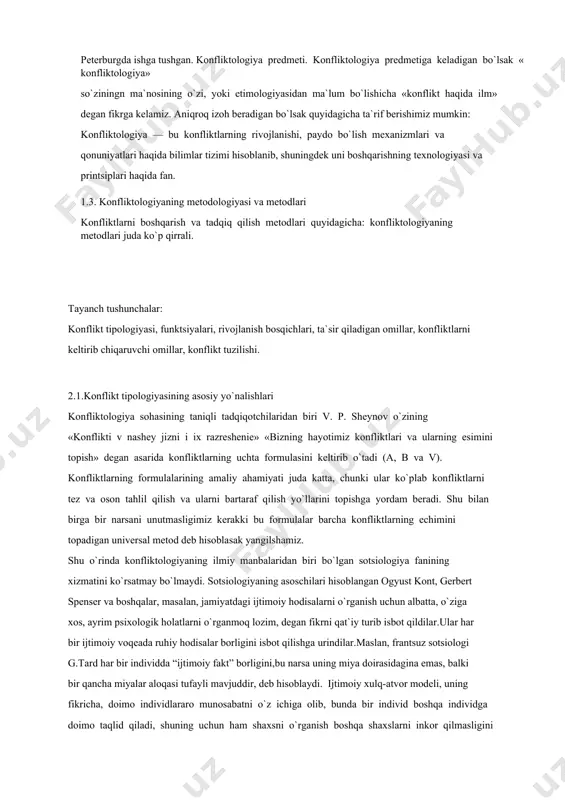 yillarda aqshda mediator-mutaxassislarni tayyorlaydigan o`quv o`rinlarini tashkil qilinishiga olib keldi. bu paytda r.fisher va u.yuri tomonidan ishlab chiqilgan «printsipial-muzokara» deb nomlangan garvard metodi dunyoga tanilmoqda edi. 80-chi yillarda aqshda va boshqa mamlakatlarda konfliktologik markazlar paydo bo`la boshladi. 1986 yili esa avstraliyada oonning tashabbusi bilan konfliktlarni bartaraf etishning xalqaro markazi tashkillashtirildi. rossiyada bo`lsa konfliktlarni bartaraf etishga yo`naltirilgan birinchi markaz 90-yillarda sankt- peterburgda ishga tushgan. konfliktologiya predmeti. konfliktologiya predmetiga keladigan bo`lsak «konfliktologiya» so`ziningn ma`nosining o`zi, yoki etimologiyasidan ma`lum bo`lishicha «konflikt haqida ilm» degan fikrga kelamiz. aniqroq izoh beradigan bo`lsak quyidagicha ta`rif berishimiz mumkin: konfliktologiya — bu konfliktlarning rivojlanishi, paydo bo`lish mexanizmlari va qonuniyatlari haqida bilimlar tizimi hisoblanib, shuningdek uni boshqarishning texnologiyasi va printsiplari haqida fan. 1.3. konfliktologiyaning metodologiyasi va metodlari konfliktlarni boshqarish va tadqiq qilish metodlari quyidagicha: konfliktologiyaning metodlari juda ko`p qirrali. tayanch tushunchalar: konflikt tipologiyasi, funktsiyalari, rivojlanish bosqichlari, ta`sir qiladigan omillar, konfliktlarni keltirib chiqaruvchi omillar, konflikt tuzilishi. 2.1.konflikt tipologiyasining asosiy yo`nalishlari …