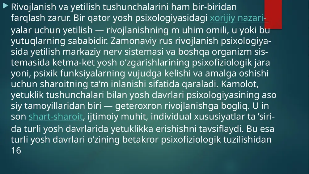 iyasining maxsus simpoziumida qabul qilingan sxema hisoblanadi. u quyidagi 6 — jadvalda keltirilgan. u b.g. ananev, chet ellik olim birrenlar taklif etgan klassifikastiyaga yaqin bo’lib, umumlashtirilgan toifalashdir. taraqqiyotni yosh davrlarga bo’lishda o’ziga xos klassifikastiyalar ham bor. masalan, e. erikson shaxs «men» ining rivojlanish bosqichlarini ajratgan va har birida ham ijobiy, ham salbiy jihatlarni ajratgan. 1 — bosqich (ishonch — ishonchsizlik) — bu hayotning 1 — yili. 2 — bosqich (mustaqillik va qat’iyatsizlik) — 2 — 3 yoshlar. 3 — bosqich (tadbirkorlik va gunoh hissi) — 4 — 5 yoshlar. 4 — bosqich (chaqqonlik va etishmovchilik) — 6 — 11 yoshlar. 5 — bosqich (shaxs identifikastiyasi va rollarning chalkashligi) — 12 — 18 yoshlar. 6 — bosqich (yaqinlik va yolg’izlik) — etuklikning boshlanishi. 7 — bosqich (umuminsoniylik va o’ziga berilish) — etuklik davri. 8 — bosqich (yaxlitlik va ishonchsizlik) — keksalik. e’tiboriz uchun raxmat image2.png image3.png image4.png image5.png /docprops/thumbnail.jpeg