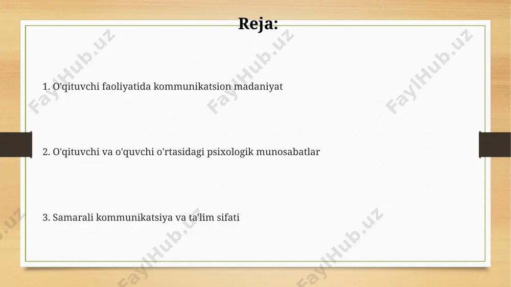 va salbiy munosabatlar mavjudligida shakllanadi. nonverbal muloqotning ahamiyati o'qituvchining ovozi balandligi, temp va intonatsiyasi kabi parametrlar 38% gacha axborot yetkazishda ishtirok etadi, bu esa verbal muloqotning samaradorligini sezilarli darajada oshiradi. samarali kommunikatsiya uchun proksemika (masofa) va kinesika (harakatlar) kabi nonverbal elementlarni o'qituvchining pedagogik mahoratining 7% ni tashkil etadi. noverbal muloqot dars jarayonida talabalarning 55% gacha bo'lgan tushunishini ta'minlaydi, shuning uchun o'qituvchining mimikasi, imo-ishoralari va gavda tili juda muhimdir. muloqotdagi to'siqlar va ularni bartaraf etish noverbal muloqotdagi (mimika, imo-ishoralar) nomuvofiqliklar o'quv jarayoniga salbiy ta'sir ko'rsatib, o'quvchilarning 45% qiziqishini pasaytirishi mumkin. madaniy farqlar tufayli yuzaga keladigan muloqot to'siqlarini bartaraf etish uchun, o'qituvchilarga interkultural kommunikatsiya bo'yicha 5 soatlik maxsus trening tavsiya etiladi. muloqotdagi semantik to'siqlar, masalan, turli xil so'zlarning bir xil ma'noda talqin qilinmasligi, o'qituvchi va o'quvchi o'rtasidagi 30% gacha tushunmovchiliklarga olib kelishi mumkin. motivatsiya va muloqot muloqotning turli usullari (masalan, individual yondashuv, guruhli ishlar) o'quvchilarning 85% da o'ziga xos motivatsion effektlarni keltirib …