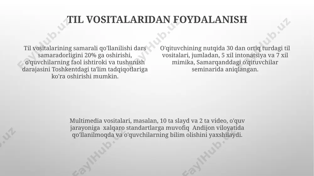 рибали ўқитувчиларнинг 15 йиллик кузатувларига кўра, нутқнинг эмоционаллиги ва экспрессивлик даражаси ўқувчиларнинг дарсга бўлган қизиқишини 2 баравар оширади. самарқанддаги 50 дан ортиқ мактаб ўқитувчилари ўтказган тадқиқотда, нутқ техникасининг 3 асосий элементи – овоз модуляцияси, тембр ва ритмнинг ўқувчилар диққатини жалб этишдаги аҳамияти аниқланди. тошкент шаҳридаги 2023 йилги ўқитувчилар малака ошириш курсларида, самарали нутқ техникасига эга бўлиш учун 7 та асосий кўникмани эгаллаш, жумладан, аудитория билан мулоқот қилиш малакалари муҳим деб таъкидланди. e'tiboringiz uchun rahmat @taqdimot_robot image1.png image2.png image3.png