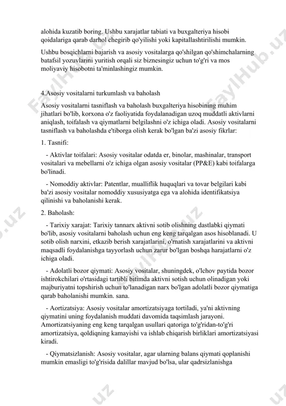 s ettiradi. 4. amortizatsiya: yangi aktiv uchun amortizatsiyani tegishli amortizatsiya usulidan foydalangan holda hisoblang (masalan, to'g'ridan-to'g'ri yoki ikki baravar kamayish balansi) uning taxminiy foydalanish muddati davomida. bu vaqt davomida aktivning qiymatini taqsimlash va uning qiymatining pasayishini hisobga olish imkonini beradi. 5. texnik xizmat ko'rsatish va ta'mirlash: yangi aktivga tegishli har qanday texnik xizmat ko'rsatish yoki ta'mirlash xarajatlarini aktivning o'zi tannarxidan alohida kuzatib boring. ushbu xarajatlar tabiati va buxgalteriya hisobi qoidalariga qarab darhol chegirib qo'yilishi yoki kapitallashtirilishi mumkin. ushbu bosqichlarni bajarish va asosiy vositalarga qo'shilgan qo'shimchalarning batafsil yozuvlarini yuritish orqali siz biznesingiz uchun to'g'ri va mos moliyaviy hisobotni ta'minlashingiz mumkin. 4.asosiy vositalarni turkumlash va baholash asosiy vositalarni tasniflash va baholash buxgalteriya hisobining muhim jihatlari bo'lib, korxona o'z faoliyatida foydalanadigan uzoq muddatli aktivlarni aniqlash, toifalash va qiymatlarni belgilashni o'z ichiga oladi. asosiy vositalarni tasniflash va baholashda e'tiborga olish kerak bo'lgan ba'zi asosiy fikrlar: 1. tasnifi: - aktivlar toifalari: asosiy vositalar odatda er, …