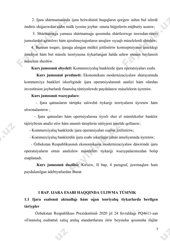 titsion joybarlardı finanslıq támiynlewde paydalanıw máselelerin úyreniw. kurs jumısınıń wazıypaları: - ijara qatnasların tártipke salıwdıń tiykarǵı teoriyaların úyreniw hám ulıwmalastırıw ; - ijara qatnasları hám opertsiyalarına tiyisli shet el mámleketler bankler tájiriybesin analiz etiw hám unamlı táreplerin nátiyjeni ámelde qollanıw; - kommerciyalıq banklerde ijara operatsiyaları esabın jetilistiriw; - kommerciyalıq banklerdiń ijara esabı iskerligin jáhán ámeliyatında úyreniw; - ózbekstan respublikasınıń ekonomikasın modernizaciyalaw dáwirinde ijara operatsiyaların ornın analizlew máselelerı tiykarǵı wazıypalarımızdan bolıp esaplanadı. kurs jumısınıń duzilisi: kirisiw, ii bap, 4 paragraf, juwmaqlaw ham paydalanılǵan ádebiyatlardan ibarat. i bap. ijara esabi haqqinda uliwma túsinik 1.1 ijara esabınıń aktuallıǵı hám oǵan teoriyalıq tiykarlarda berilgen táriypler ózbekstan respublikası prezidentiniń 2020 jıl 24 fevraldaǵı pq4611-san «finanslıq esabattıń xalıq aralıq standartlarına ótiw boyınsha qosımsha ilajlar haqqında»ǵı, 2020 jıl 24 avgusttaǵı 507-san «finanslıq esabattıń xalıq aralıq standartları hám oǵan túsindirisler tekstin tán alıw tártibi haqqındaǵı qaǵıydanı tastıyıqlaw haqqında»ǵı usı tarawǵa tiyisli basqa normativ-huqıqıy hújjetlerde belgilengen wazıypalardı ámelge asırıwǵa …