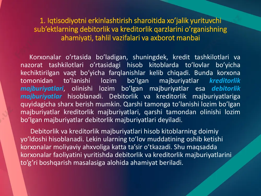 agi o’zaro hisob kitoblarda kelib chiqadigan majburiyatlardir. bu majburiyatlar korxona bilan mol yetkazib beruvchilar yoki xaridorlar o’rtasidagi munosabatlarda, korxona bilan bank tashkilotlar o’rtasida, korxona bilan soliq organlari o’rtasidagi, korxona bilan ijtimoiy taminot bo’limlari va turli jamoat tashkilotlari, shuningdek, xodimlar, mulk egalari, aksionerlar va investorlar bilan bo’ladigan munosabatlarda yuzaga keladi. ularning yuzaga kelishining asosiy sababi hisob kitoblarda vaqtning o’zgaruvchanligidir. ya’ni bugun ortilgan mahsulot ham puli to’langunga qadar debitorlik va kreditorlik majburiyatlar qatoriga kiritiladi. bunda daromad va xarajatlarning yuzaga chiqishi bilan ular bo’yicha hisob kitoblarning amalga oshishi orasida farqlanish kelib chiqadi. http://hozir.org/mulk-tiplari-va-shakllari.html debitorlik va kreditorlik majburiyatlarining yuzaga kelishi bo’yicha quyidagi sabab qatorlarini tarkiblash mumkin: • o’zaro hisob kitoblarda tomonlarning to’lov lag’qatiga ega emasligi; • tovarlarni ortib jo’natish va sotishda hisob kitoblarning zamonaviy shakllarining cheklanganligi; • mulk va unga egalik qilishda mas’ullik hissining yuqligi; • o’zaro shartnomaviy munosabatlarning yaxshi yo’lga qo’yilmaganligi; • daromadlarni tan olish yuzasidan korxonalar tarmoq xususiyatidan kelib chiqilmaganligi; • xarajatlar …