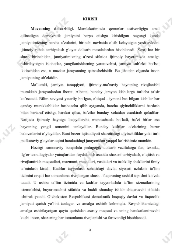 hakllarini ilmiy ta’minlash kiradi. kadrlar tayyorlash sohasidagi davlat siyosati uzluksiz ta’lim tizimini orqali har tomonlama rivojlangan shaxs - fuqaroning tashkil topishni ko‘zda tutadi. u ushbu ta’lim tizimida va kadrlar tayyorlashda ta’lim xizmatlarining istemolchisi, buyurtmachisi sifatida va huddi shunday ishlab chiqaruvchi sifatida ishtirok yetadi. o‘zbekiston respublikasi demokratik huquqiy davlat va fuqarolik jamiyati qurish yo‘lini tanlagan va amalga oshirib kelmoqda. respublikamizdagi amalga oshirilayotgan qayta qurishdan asosiy maqsad va uning harakatlantiravchi kuchi inson, shaxsning har tomonlama rivojlanishi va farovonligi hisoblanadi. mamlakatimiz taraqqiyotining muhim sharti kadrlarni tayyorlash tizimining mukammal bo‘lishi, zamonaviy iqtisod, fan, madaniyat, texnika va texnologiyalar asosida rivojlanishi hisoblanadi. «kadrlar tayyorlash milliy dasturi» uzluksiz ta’lim va kadrlarni tayyorlash tizimlarini tubdan isloh qilishga qaratilgan. «milliy dastur» ni amalga oshirishda mavjud ta’lim va kadrlarni tayyorlash tizimlarini tubdan o‘zgartirish zamonaviy ilmiy fikrlar yutuqlari va ijtimoiy tajribalarga, ta’lim jarayonini hamma bosqichlarida, uzluksiz ta’lim tizimi ta’lim muassasalarining hamma shakli va turlarida ilg‘or-metodik ta’limlarga tayangan holda amalga oshiriladi. shaxs …