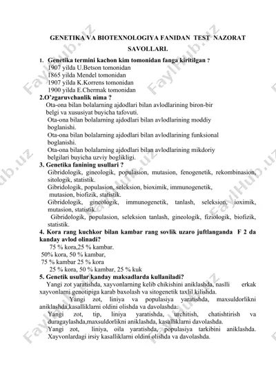 genetika va biotexnologiya fani test nazorat savollari — DOC