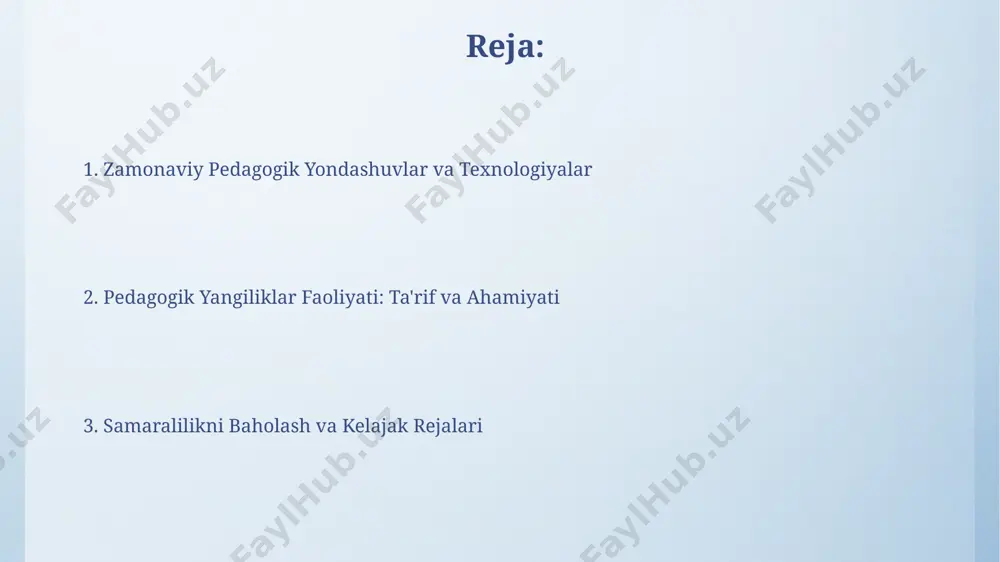 chlari pedagogik innovatsiyalarni joriy etishning birinchi bosqichi – 3-5 ta muhim muammoni aniqlash va ularni hal qilish uchun 2-3 ta innovatsion usulni tanlashdan iborat. samaradorlikni baholash bosqichi 3 bosqichdan iborat bo'lib, 1-bosqichda talabalar so'rovi, 2-bosqichda o'qituvchilarning fikri va 3-bosqichda o'quv yutuqlarining 10% o'sishini kuzatishni o'z ichiga oladi. interfaol o'qitish usullari interfaol doskalar va onlayn platformalardan foydalanish o'quv jarayoniga 5 dan ortiq turdagi multimedia resurslarini integratsiya qilish imkonini beradi, bu esa talabalarning qiziqishini oshiradi. o'yinlashtirilgan ta'lim, masalan, simulyatsiya va rol o'ynash kabi interfaol usullar bilimlarni amaliy qo'llash ko'nikmalarini 2-3 barobar tezroq rivojlantirishga yordam beradi. baholovchi texnologiyalar baholovchi texnologiyalar, masalan, onlayn testlar yordamida 50 dan ortiq talabalarni 2 soat ichida baholash imkonini beradi, bu an'anaviy usullarga nisbatan ancha samarali. adaptiv baholash tizimlari, talabaning javoblariga qarab murakkablik darajasini o'zgartirib, 3 ta asosiy ko'nikmani – bilim, tushunish va qo'llashni aniqlaydi. pedagogik innovatsiyalarning samaradorligini baholash samaradorlikni aniqlashda sinfdagi faollik darajasini (kamida 70%), o'quvchilarning qiziqishini va …