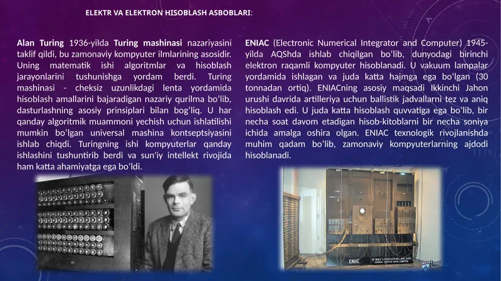ompyuterlari (1950-1960-yillar) tranzistorlar asosida ishlay boshladi, bu esa elektron lampalarga qaraganda kamroq energiya talab qilgan va ishonchlilikni oshirgan. natijada kompyuterlar kichraydi, tezroq ishlay boshladi va uzoqroq vaqt ishdan chiqmasdan faoliyat yurita oldi. ushbu davrda kompyuterlar sanoat va ilmiy sohalarda keng qo‘llanila boshlandi. dasturlash tillari ham rivojlandi, masalan, fortran (ilmiy hisoblashlar uchun) va cobol (biznes ma'lumotlarini qayta ishlash uchun) kabi yuqori darajali tillar yaratildi. bu tillar dasturchilarga kompyuterlardan samaraliroq foydalanish imkoniyatini berdi. uchinchi avlod kompyuterlari (1960-1970-yillar) integral sxemalar (ic) yordamida ishlay boshladi. bu sxemalar ko‘plab tranzistorlarni bitta kichik chipga joylashtirish imkonini berdi, natijada kompyuterlar yanada kichik, tezkor va ishonchli bo‘ldi. ushbu kompyuterlar ko‘proq ma'lumotni tezroq qayta ishlash imkoniga ega edi. shuningdek, foydalanuvchi bilan muloqot qilish uchun monitorlar va klaviaturalar paydo bo‘ldi, bu esa kompyuterlardan foydalanishni osonlashtirdi. uchinchi avlod kompyuterlari sanoat, biznes va ilmiy doiralarda keng qo‘llanildi va dasturiy ta'minot yaratish imkoniyatlari kengaytirildi. to‘rtinchi avlod kompyuterlari (1970-yillardan hozirgacha) mikroprotsessorlar asosida rivojlandi. 1971-yilda …