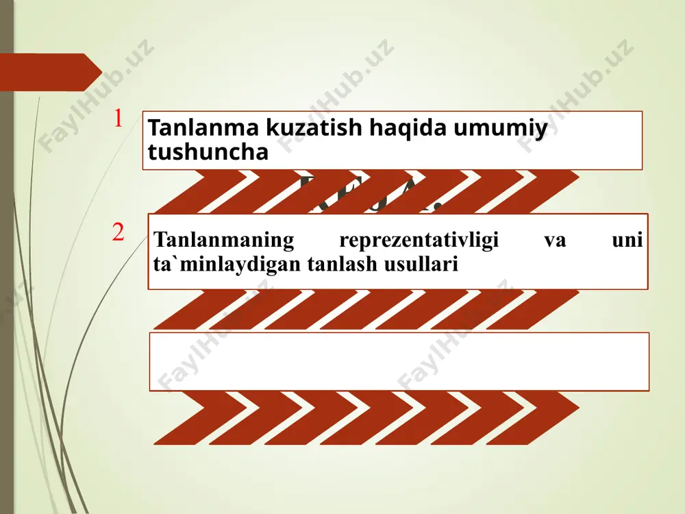 atlari namoyon bo`lsa, u reprezentativ deyiladi. bosh to`plam – o`rganiladigan ko`p hajmli birliklar majmua - sidir. tanlanma to`plam yoki qisqacha tanlanma - bosh to`plamdan kuzatish uchun tanlab olingan birliklar yig`indisi. tanlanma qanchalik reprezentativ bo`lishidan qat`i nazar bosh va tanlanma ko`rsatkichlar o`rtasida doimo tafovutlar bo`ladi. chunki bosh to`plamda tanlanmaga kiritilmagan boshqa birliklar ham bor. ana shu tafovutlar tanlanmaning reprezentativlik xatolari deyiladi. reprezentativlik xatolari ikki turga bo`linadi: 1) tasodifiy xatolar; 2) sistematik (muntazam) xat olar. kuzatish jarayonida ko`rsatkichlarning miqdorlarini o`zgartirish ko`zlanmasdan, shuningdek, kuzatish usullari va asboblarining kamchiliklari bilan bog`liq bo`lmagan holda yo`l qo`yilgan xatolar tasodifiydir. katta sonlar qonuniga binoan tanlanmanin g miqdori oshgan sari tasodifiy xatolar kamayib boradi. tanlanma o`zida bosh to`plam - ning muhim jihatlarini ifodala - shi reprezentativli deyiladi. muntazam xatolar o`z navbatida ko`zlanmagan va ko`zlangan bo`lishi mumkin. o`lchash asboblarining noaniqligidan, tanlash va kuzatish usullarining kamchiliklaridan ko`zlan ma-gan muntazam xatolar kelib chiqadi. kuzatish natijalarini o`zgartirib ko`rsatish maqsadida qilingan xatolar ko`zlangan …