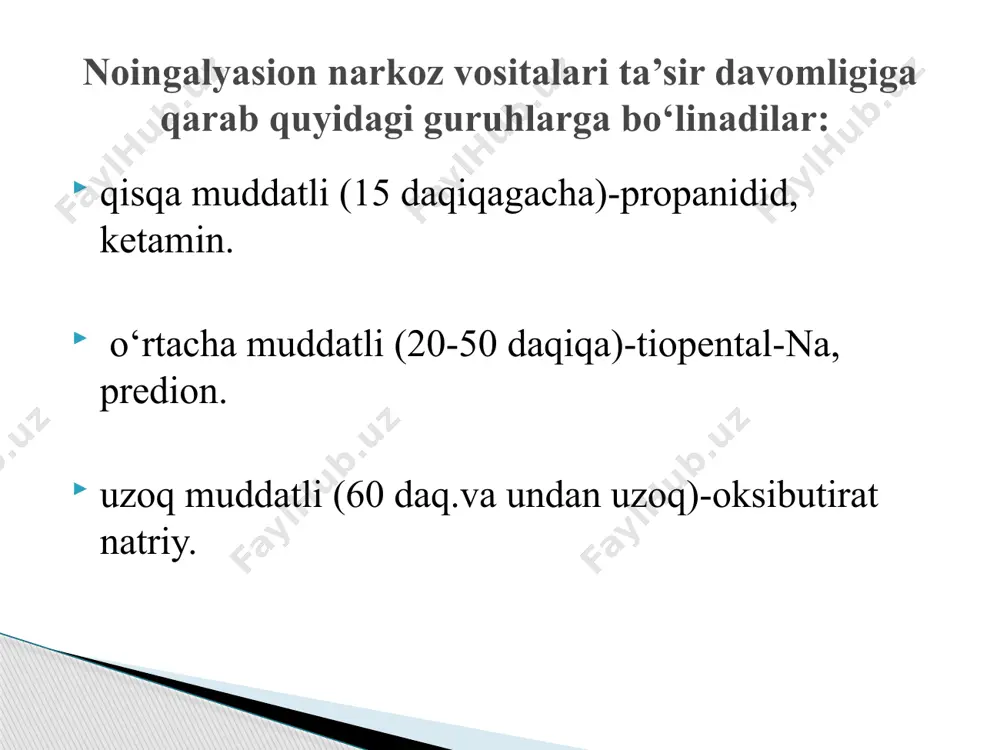 eparatni bemorlar yaxshi qabul qiladilar, yurak qon tomir, nafas sistemasiga, jigar, buyrakga salbiy ta’sir etmaydi. lekin tomirga tez kiritilsa harakat qo‘zg‘alishi, oyoq va qo‘llar hamda til mushaklarining ixtiyorsiz tortishishlari, nafas olish to‘xtab qolishi mumkin. uyg‘onish bosqichida nutq va harakat qo‘zg‘alishi yuzaga chiqishi mumkin. yaxshi so‘riladi va ichilgandan keyin 40-60 min. so‘ng narkoz rivojlanadi va u 1,5-2,5 soat davom etadi. zaharliligi past. qo‘llanilishi: kirish va bazis narkozda, tug‘ishni og‘riqsizlantirishda, bosh miyaning gipoksiyali shishida, shoklarda, uyqu chaqiruvchi va tinchlantiruvchi vosita sifatida ishlatiladi. narkoz vositalarini qo‘shib, (hamjixat) qo‘llash mumkin. bunda 2 va 3ta narkoz vositalarining birga yoki ketma-ketlik bilan qo‘llash mumkin. bundan maqsad qo‘zg‘alish bosqichini rivojlantirmaslik, narkozni tez yuzaga chiqarish, narkotik moddalarni zaharli va nojuya ta’sirlarini kamaytirish, chunki ular kichik dozalarda ishlatiladi. tiopental natriy+ftorotan+azod-oksid. lekin narkozlarni boshqarish oson bo‘lgan preparat bilan o‘tkazishga ahamiyat beriladi. etil spirti rangsiz, oson alangalanadigan, o‘ziga xos hidli, engil suyuqlik. tibbiyot amaliyotida asosan antiseptik vosita sifatida qo‘llaniladi. lekin spirtli …