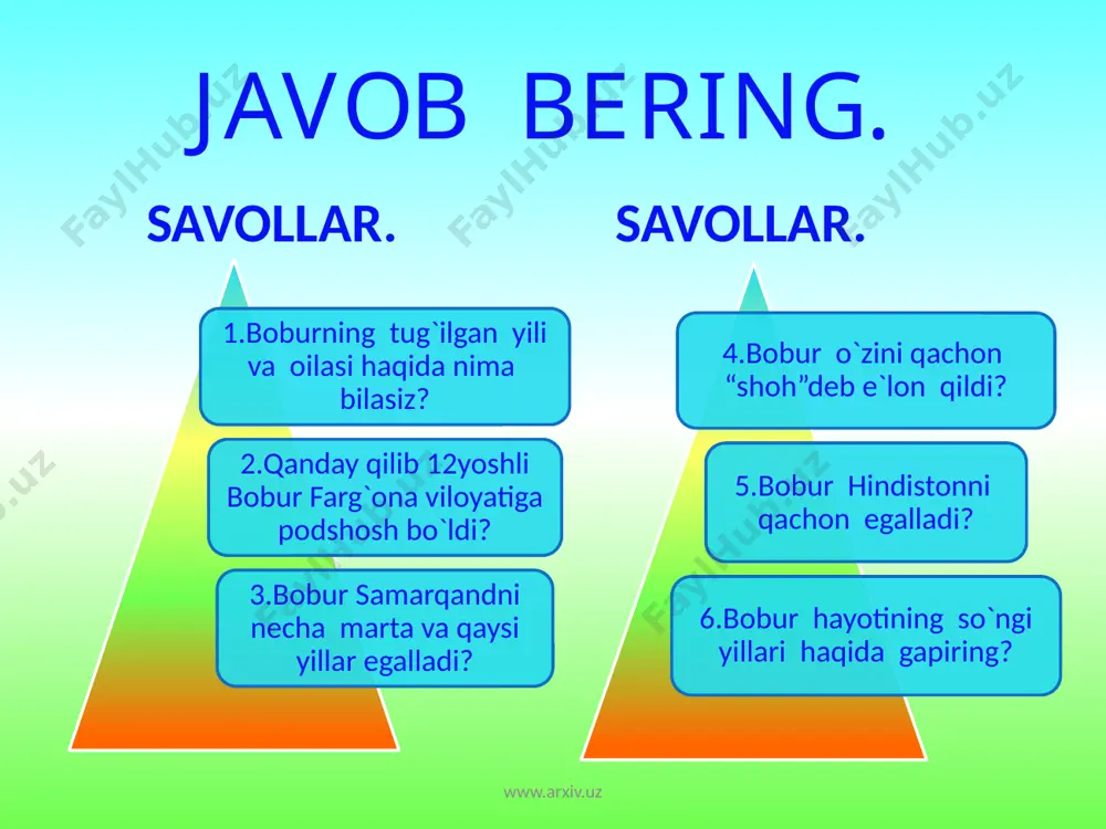 ob bering. 1.zahiriddin va bobur so`zlarining ma`nosi nima? 2.bobur haqida yozilgan qanday badiiy asarlarni bilasiz? 3.boburning ijodiy salohiyati va iste`dodiga qanday baho berasiz? 4.bobur asosan qanday mavzularda g`azallar yozgan? v.dars yakuni: (2 daqiqa) dars yakunlanib g`olib guruh va faol ishtirok etgan o`quvchilar baholanadi. vi.uyga vazifa: (1 daqiqa) bobur g`azallaridan yod olish samaradorligi “ma`naviy-ma`rifiy ishlar o`quv yili” 2009-2010- o`quv yili www.arxiv.uz image1.jpeg image2.jpeg image3.jpeg image4.jpeg image5.jpeg image6.jpeg image7.jpeg image8.jpeg