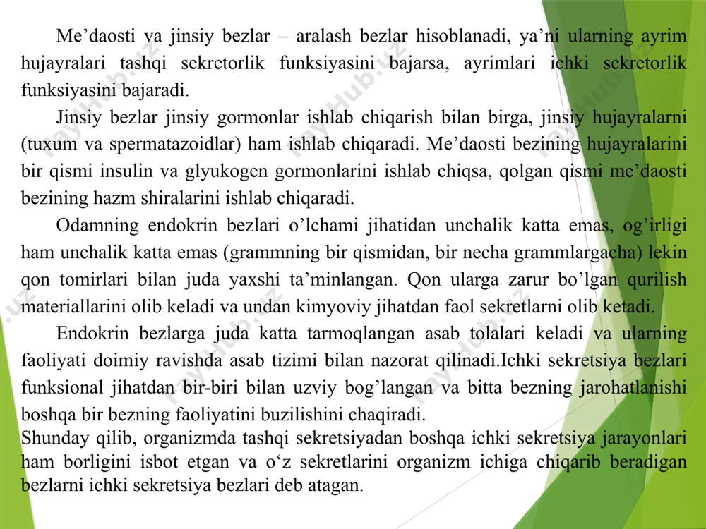 miy ravishda qonga ajralib turishi kerak. faqat ana shunday holda qondagi gormonlar konsentrasiyasini doimiy holda saqlab turish mumkin. gormonlar nisbatan turga xos spesifiklik xususiyatiga ega, bu esa muhim ahamiyatga ega, chunki odam organizmidagi u yoki bu gormonni yetishmasligini hayvonlarni shunga mos bezlaridan olinadigan gormonal preparatlarni kiritish yo’li bilan kompensatsiya qilish imkonini beradi. hozirgi vaqtda ko’plab gormonlarni faqatgina ajratibgina qolmay, balki ulardan ayrimlarini sintetik yo’l bilan olish imkoni ham yaratildi. ular o’zlarining kimyoviy tuzilishi bo’yicha polipeptidlarga kiradi (insulin va gipofizning ko’pgina gormonlari). qalqonsimon bezning gormonlari - tiroksin va triyodtreonin hamda buyrak usti bezining mag’iz qavatidan ishlab chiqiladigan adrenalin va noradrenalin gormonlari aminokislotalarning hosilalari hisoblanadi. buyrak usti bez po’stloq qismining va jinsiy bezlarning gormonlari tabiati bo’yicha steroidlar hisoblanadi. gormonlarning ahamiyati. gormonlar moddalar almashinuviga ta’sir qiladi, hujayralar faoliyatini boshqaradi, hujayralar membranasi orqali moddalar almashinuvi mahsulotlarini o’tishini ta’minlaydi. gormonlar nafas olishga, qon aylanishiga, ovqat hazmiga, ta’sir ko’rsatadi, ko’payish funksiyasi ham gormonlar ajralishi bilan bog’langan. …