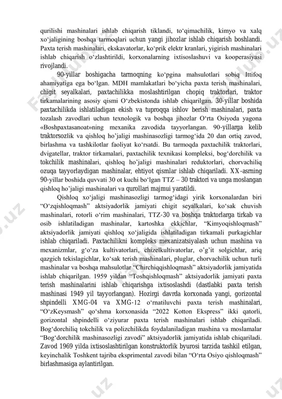 hi yirik zavodlarning asbob- uskunalari ko‘chirib keltirildi. respublika bo‘yicha 1941-yil oxirlariga kelib 300 ta sanoat korxonasi faqat harbiy mahsulot ishlab chiqara boshladi. o‘zbekiston kompartiyasi markaziy qo‘mitasining plenumida respublika sanoatini harbiy izga solish, ko‘chirib keltirilgan asbob-uskunalarni joylashtirish sohasidagi ishlarga yakun yasalib, korxonalarda qurol-yarog‘lar ishlab chiqarishni keng yo‘lga qo‘yish vazifasi ilgari surildi. urush yillarida respublikada neft ishlab chiqarish 4 marta ko‘paydi va 1945-yilda 478 ming tonnadan ortdi. energetika va yoqilg‘i sanoatining o‘sishi mashinasozlik sanoatining rivojlanishiga qulay baza yaratdi. g‘arbdan ko‘chirib keltirilgan zavodlar bazasida 16 ta stanoksozliq, to‘qimachilik va mashinasozlik korxonalari tashkil etildi. urushdan oldingi respublikamizdagi ko‘pgina zavodlar ham turli asbob-uskunalar, mashinalar, jangovar texnika ishlab chiqarishga moslab qayta qurilgan edi faqat 1943-yilda 12 ta yog‘ zavodi, 3 ta paxta tozalash zavodi, 4 ta qand va 4 ta konserva zavodlari qurilib ishga tushirildi. urush yillarida o‘zbekistonda 280 ta yangi sanoat korxonalari qurilib ishga tushirildi. sanoatning yangi tarmoqlari – aviatsiya, stanoksozliq og‘ir mashinasozliq qora va …