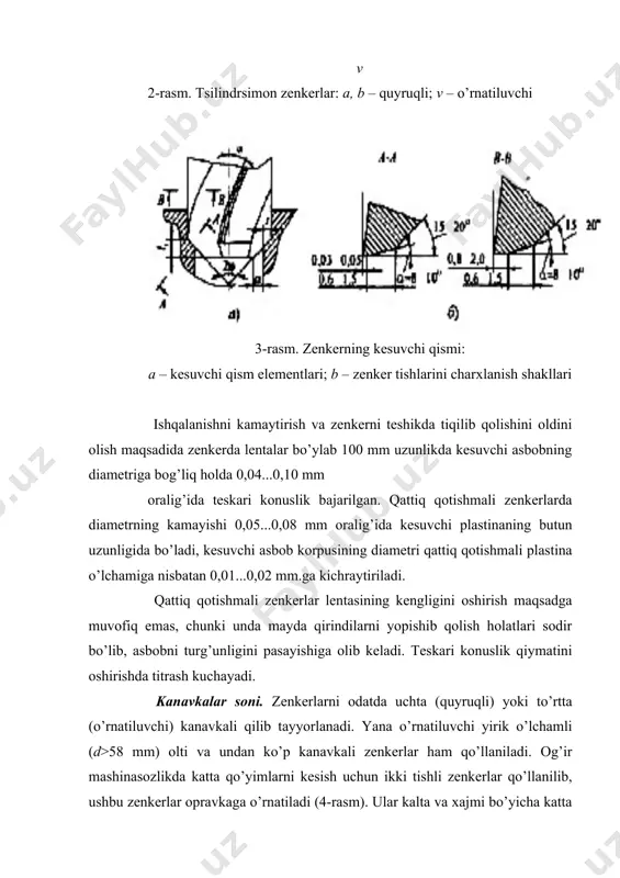 bning turg’unligini yuqoriligi, kesuvchi ponaga tushayotgan yuklanishning kichikligi, qirindining chiqib ketish sharoitini yaxshiligi va asbobni teshikda yo’nalishi hisobiga qoniqarli bo’ladi. kichik diametrli (d=8...20 mm) teshiklarga ishlov berishda yaxlit qattiq qotishmali zenkerlar qo’llaniladi. 8-a rasmda ishchi qismi qattiq qotishmadan tayyorlangan quyruq qism bilan kavsharlab biriktirilgan kichik diametrli zenker ko’rsatilgan. bu erda zenkerni kiruvchi konusi konussimon markazning (2φ=75°) qismi bo’lib, tishlar soni z=3, kanavkalar va tishlarning shakli to’g’ri chiziqlidir. 7-rasm. yig’ma zenkerlarning pichoqlarini mahkamlash usullari a – ponasimon riflangan pichoqlar; b – ponali yassi pichoqlar shuni hisobga olish lozimki, yaxlit qattiq qotishmali zenkerlarning narxi juda yuqori. yig’ma asboblarning pichog’iga standart plastinalarni kavsharlab, o’rnatiluvchi yoki quyruqli zenkerlarning korpusiga kavsharlab qattiq qotishmalarni qo’llash ancha arzon bo’ladi (8-b, v rasmlar). o’rnatiluvchi qattiq qotishmali zenkerlarda (8-b rasm) eng kuchsiz joylarini mustahkamligini oshirish maqsadida bosh va yordamchi qirralarning burchak qismida f=0,5...0,8 mm o’lchamli φ1=30° va φ=60° burchak ostida faska yo’niladi. plastinalarni λ=10...15° burchak ostida siljitish ham kesuvchi …