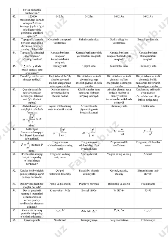 da yer ellipsoidi nechta zonaga bo'lingan? har dan 60 ta zonaga har dan 180 ta zonaga har dan 90 ta zonaga har dan 72 ta zonaga 28. zonali kordinatalar sistemasida x va y o‘qlariga nima qabul qilingan ? zona o‘q meridiani va ekvator chizig‘i bosh meridian nuqtasi orqali o‘tuvchi parallel nuqtadan o‘tuvchi meredian va ekvator bosh meredian va ekvator 29. chiziqning to'g'ri va teskari haqiqiy azimutlari o'zaro nimaga farq qiladi? ga meridianlar yaqinlashishi burchagiga aniq ga aniq ga 30. rumb deb nimaga aytiladi? meridianning yaqin uchidan berilgan chiziqqacha bo'lgan o'tkir gorizontal burchakka meridianning yaqin uchidan soat mili yo'li bo'yicha berilgan chiziqqacha bo'lgan gorizontal burchakka uqiy meridianning shimoliy yo'nalishidan soat mili yo'li bo'yicha berilgan chiziqqacha bo'lgan gorizontal burchakka meridianning shimoliy yo'nalishidan soat mili yo'li bo'yicha berilgan chiziqqacha bo'lgan gorizontal burchakka 31. direksion burchak deb nimaga aytiladi? uqiy meridianning shimoliy yo'nalishidan soat mili yo'li bo'yicha berilgan chiziqqacha bo'lgan gorizontal burchakka meridianning yaqin …