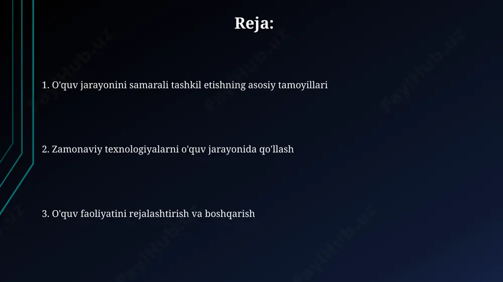 rligini ta'minlashi toshkentdagi ta'lim muassasalarida tasdiqlangan. o'quv maqsadlarini shakllantirishda smart printsiplarini (specific, measurable, achievable, relevant, time-bound) qo'llash, 7-sinf o'quvchilari orasida 15% ga bilim darajasini oshirdi. o'quv jarayonini individualizatsiya qilish o'quv jarayonini individualizatsiya qilishda, masalan, 5-sinf o'quvchilarining 70% matematika fanidan qiyinchiliklarga duch kelayotganini hisobga olib, toshkentdagi 15-maktabda individual yondashuvlar qo'llanilmoqda. o'quv jarayonining individualizatsiyasi, andijon viloyatining 10 ta maktabida o'tkazilgan tadqiqotga ko'ra, o'quvchilarning o'rtacha ballarini 15% ga oshirishga va 25% o'quvchilarning motivatsiyasini kuchaytirishga yordam berdi. o'quv jarayonini baholash va monitoring qilish o'quv jarayonining samaradorligini baholashda, 50 talik guruhdagi o'quvchilarning 70% dan ortig'i samarqanddagi test natijalarida 80 balldan yuqori natija ko'rsatgan bo'lsa, o'quv dasturi samarali deb hisoblanishi mumkin. andijon shahridagi maktabda qo'llaniladigan yangi baholash tizimi, o'quvchilarning 10 balllik tizimdagi o'rtacha ballarini, loyihalar, testlar va darslardagi ishtiroklarini inobatga olgan holda, har bir o'quvchining individual yutuqlarini ob'ektiv baholashga imkon beradi. o'quv jarayonini samarali rejalashtirish samarali o'rganish uchun kuniga kamida 6 soat, haftada 30 soat o'qishga …