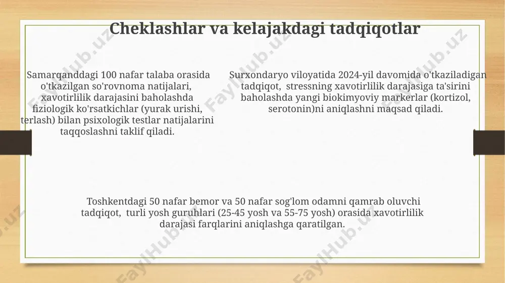 200 nafar ishtirokchiga uch xil turdagi savollar (yopiq, ochiq va reytingli) bo'lgan so'rovnoma taqdim etildi va ularning javoblari spss dasturida tahlil qilingan. anketalar va so'rovnomalar yordamida 150 nafar toshkent shahridagi talabalardan tashkil topgan namunada xavotirlilik darajasini o'lchash uchun stai (state-trait anxiety inventory) shkalasi qo'llanilgan. foydalanuvchilarning anonimligi ta'minlangan holda, 5 ball shkalasi asosida tuzilgan anketa orqali namangan viloyatidan 100 nafar kattalar orasida ijtimoiy xavotirlilik darajasini o'rganish o'tkazildi. xavotir darajasini o'rganish metodologiyasi xavotir darajasining turli davolash usullarining samaradorligini baholashda, 30 nafar bemor ustida 6 oylik kuzatuv natijalari, farg'ona viloyatida joylashgan psixiatriya shifoxonasida yig'ilgan ma'lumotlar asosida tahlil qilingan. qo'rqinch reaksiyalarining fiziologik ko'rsatkichlari, yurak urishi chastotasi (y/min) va terlash darajasi, 20 dan 40 yoshgacha bo'lgan 50 nafar ishtirokchi ustida samarqandda o'tkazilgan tajriba davomida o'rganilgan. qo'rqinch reaksiyalarining fiziologik ko'rsatkichlari, yurak urishi chastotasi (y/min) va terlash darajasi, 20 dan 40 yoshgacha bo'lgan 50 nafar ishtirokchi ustida samarqandda o'tkazilgan tajriba davomida o'rganilgan. tadqiqot maqsadi va vazifalari tadqiqot …
