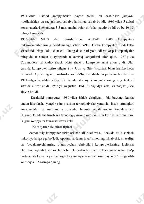 ydalanuvchilar turli kompyuterlarda ularni qoʻllaydi. ular tartiblanmaydi va bir-biri bilan farqlanmaydi. shuningdek, boshqa nomlar ma’lum kompyuter turlaridan foydalanishni talab qiladi. misollar oʻz ichiga shaxsiy kompyuterlar, tarmoq serverlari va texnik ishchi stansiyalarni oladi. ustiga ustak, mutaxassislar bir nechta kompyuter kategoriyalarining yoʻqolishi mumkinligini aytishmoqda. masalan, oʻrta va meynfreym tizimlar mikrokompyuter va serverlarning birlashmasidan iborat. boshqa sanoat mutaxassislari tarmoq kompyuterlari rivojlanishini aytishmoqda va internet ilovalari uchun axborot jihozlari hamda shaxsiy kompyuterlar uchun intranetlar ayniqsa katta tashkilotlarda uy kompyuterlar mavjud. hanuzgacha nanokompyuter tushunchasi mavjud va shaxsiy hisoblashlarni tushunish uchun zarur hisoblanadi. faqatgina vaqt bunday sanoatdagi oldindan aytiladigan fikrlarga chek qoʻyadi. mikrokompyuter tizimlari mikrokompyuterlar biznesmenlar va iste’molchilar uchun eng muhim kompyuter tizimlaridan hisoblanadi. uni personal kompyuter deb nomlashiga qaramay , kommunikatsion qurilma sifatida odam tomonidan foydalanadigan kichik kompyuterdan anchagina kattadir. mikrokompyuterlarning hisoblash quvvati hozirgi kunlarda oldingi kompyuter avlodi meynfreymlaridan narxi jihatidan ham oshadi. shuningdek, ular bizness mutaxassislari uchun kuchli ishchistansiyalarga ega boʻlgan tarmoqqa egadir. shunday …