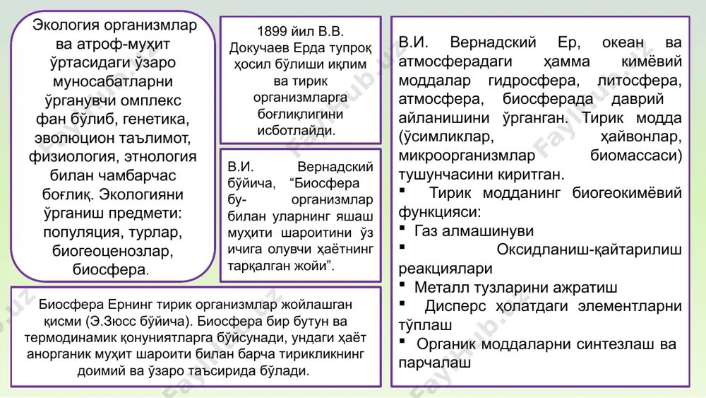 ажралиши. аэроб организмларнинг пайдо бўлиши. антропогенез (1,5-3 млн йил олдин бошланган) одамнинг пайдо бўлиши, меҳнат фаолияти натижасида жамиятнинг шаклланиши. одам меҳнат фаолияти натижасида табиатнинг кескин ўзгариши ноогенез ижтимоий- табиий тизимнинг шаклланиши, табиатдан оқилона фойдаланиш. ноосфера. биосфера эволюцияси босқичлари биосфера эволюциясидаги асосий тенденция биосфера адаптациялари биомассанинг ўсиши ва биосферанинг тартибланганлиги ер юзасининг шаклланиши ва стабиллашишида тирик модданинг аҳамияти кимёвий элементлар миграциясининг янги шаклларини пайдо бўлиши биосферада энергиянинг тўпланиши оддийлар фотосинтез бошланиши анаэроб бактериялар нуклеин кислоталар органик молекулалар бактериялар сувўтлари кислород карбонат ангидрид ҳайвонлар ўсимликлар биосфера ва жамият ер шарида ҳар йили 1.5 млрд одам тўйиб овқатланмайди. ҳозирги вақтда атмосферада 9 млн тонна ифлослантирувчи моддалар сақланиб турибди. 1 суткада автомобиллар атмосферага 0.5 тоннага яқин заҳарли моддаларни чиқаради. ис газининг ҳаводаги миқдори бир йилда 0.2 % га ортмоқда. ер шарида аҳолининг глобал ўсиши йилига 1.1% тахминан 75 млн ташкил этади. 1800 йилдан то 2011 йилгача аҳоли 1 млрд дан 7 млрд гача ўсди. …