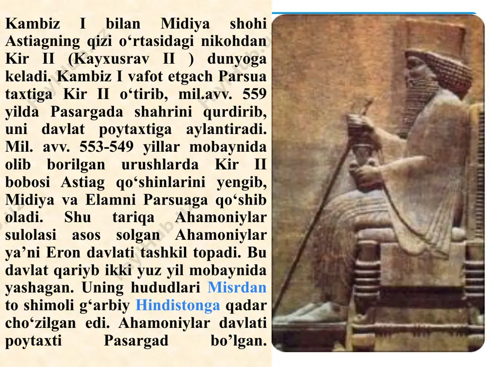 rib turilgan. “doroni forslar savdogar deyishlariga sabab, deb yozadi geradod: - u birinchi bo‘lib soliq tizimini joriy etganligidir forslarning o‘zlari pul to‘l ovidan ozod bo‘lib, natural to‘l ovga tortilganlar. qolgan qaram xalqlar har yili 7740 bobil kumush talanti (232200 kg) miqdorda soliq to‘l aganlar. pul-tovar munosabatlarining rivojlanishi pul islohotiga sabab bo‘lgan. miloddan avvalgi 517-yildan so‘ng doro i butun mamlakat miqyosida yagona pul birligi fors pul tizimining asosi 8,4 gr og‘irlikdagi tilla tanga "darik" ni joriy qiladi ahamoniylar davlatida eng yuqori darajadagi ishlar bilan, xususan, barcha davlatlardagi shohning yaqinlari hamda davlat lavozimida ishlaydigan shaxslarning (hatto forslarning) ustidan nazoratni hazarapatu (ming boshi) - bir paytning o‘zida shohning shaxsiy gvardiyasining bosh qomondoni bo‘lgan lavozim nazorat olib borgan. markaziy devonga bo’sunuvchilar kotiblar taftishchilar podshohga ma’lumot yig‘ib keluvchilar aloqa xizmati xodimlari harbiylar davlat boshqaruvi va barcha amaldorlar ustida oliy nazorat “xazorapat” deb atalgan mansabdor qo‘lida bo‘lgan. u bir vaqtning o‘zida “o‘n ming o‘l mas” podsho …