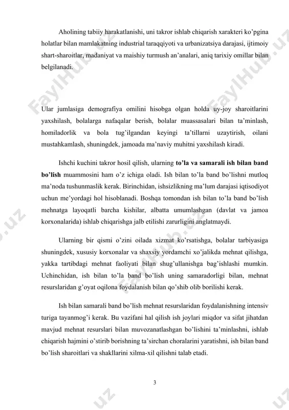 qlar va korxonalarga qayta taqsimlaydi bozor munosabatlariga o’tish davrida davlatning ijtimoiy siyosati faqat odamlarning manfaatlarini ishonchli ravishda himoya qilishdangina iborat bo’lmasdan, balki mehnatga yaroqli aholining ish bilan bandligini ta’minlashni ham o’z ichiga oladi. ayniqsa, aholining o’sishi yuqori sur’atlar bilan borayotgan va o’ziga xos aholi tarkibiga ega bo’lgan bizning respublikada ish bilan bandlik masalasi eng muhim muammolardan biri hisoblanadi. iqtisodiy islohotlar davrida ushbu masalani hal etish uchun respublikada bir qator tadbirlarni amalga oshirish rejalashtirilgan. birinchidan, keng faoliyat turlari, shuningdek yakka tartibdagi tadbirkorlikni kengaytirish uchun sharoit yaratish. birinchi navbatda qishloq xo’jalik xom ashyosini qayta ishlash, xalq iste’mol mollarini, mahalliy xom ashyodan qurilish materialllari tayyorlovchi xususiy kichik korxonalarni faol rivojlantirishni rag’batlantirish. prezidentimiz i.karimov ta’kidlab o’tganlaridek «...kichik, o’rta va xususiy tadbirkorlikning yalpi ichki mahsulot ishlab chiqarishda nafaqat hal qiluvchi mavqe egallashi, ayni vaqtda uning aholi farovonligi va daromadlari ortishida, ishsizlik muammosini echishda ham muhim omilga aylanishiga erishmog’imiz lozim»1. respublikada bu sohada ko’rilgan chora-tadbirlar natijasida …