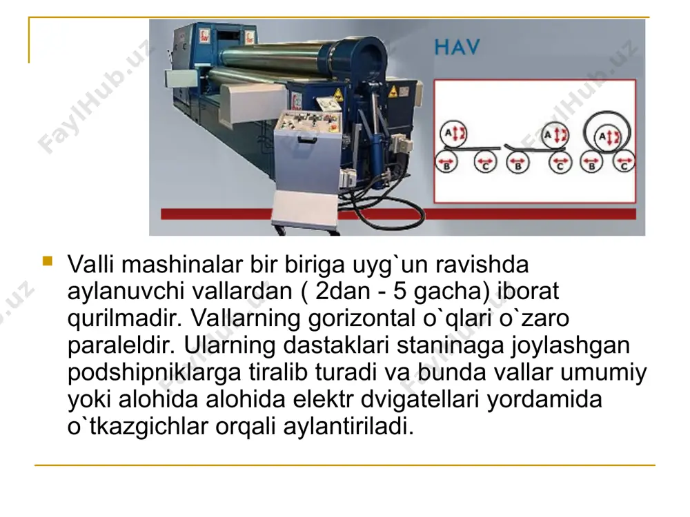 da, aksincha, vallangan mahsulotni mashinaning orqa tomonidan uzluksiz ajratib olish maqsadga muvofiqdir. shuning uchun xam ularda orqa val kichikroq tezlikga ega bo`ladi. biroq, shuni xam ta`kidlash lozimki, materialning vallardan biriga yopishishi faqat uning tezliklari farqigagina bog`liq bo`lmay, balki ularning temperaturasi va sirt tuzilishiga ham bog`liqdir. fraktsiyaning vallardan chiqayotgan mahsulot yo`nalishiga ta`siri. aralashtiruvchi-plastikatsiyalovchi tipik qo`shval mashinalarning konstruktsiyasi keltirilgan. (1) plitada stanina joylashgan bo`lib ular o`zaro bir-biriga tortqich bilan bog’langan. staninaning gorizontal tekisliklarida har ikki tomondan ikkitadan podshipnik (4 va 5) o`rnatilgan. qo`zg`almas (4)podshipniklarda (9) orqa val aylanadi. oldingi val (10) o`rnatilgan 5 podshipniklar esa, vallar orasidagi tirqishni o`zgartirish maqsadida, mahsus vintlar (6) yordamida 10 mm gacha surilish imkoniyatiga ega. vintlarning gaykalari (7) stanina o`yiqlariga o`rnatilgan. xar bir stanina, vallar va podpshpniklar o`rnatilgandan so`ng travers (8) bilan yopib qo`yiladi. vallar elektrodvigateldan reduktor, tishli g`ildirak, friktsi shesternyalar yordamida harakatga keltiriladi (rasmda ko`rsatilmagan). qo`shval mashinalar vallarni qizdirish, markazlashgan moylash sistemasi va avariya xolatida to`xtatish …