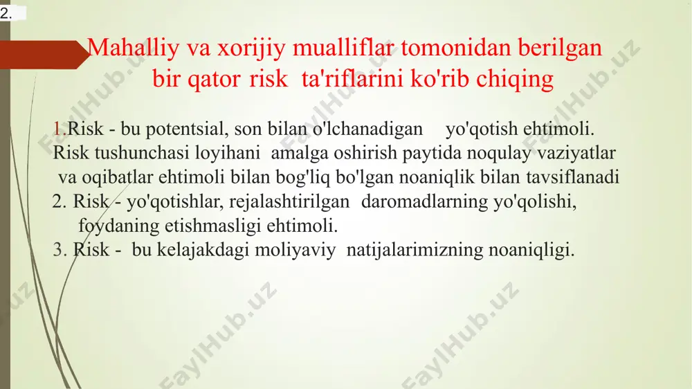 : tegishli choralarni ko'rish zarurati to'g'risida; riskni kamaytirishning barcha imkoniyatlaridan maksimal darajada foydalanish usullari to'g'risida; riskni korib chiqish zarurati; risklarning har xil turlari o'rtasidagi tanlov to'g'risida; qayta ishlash risklarni qayta ishlash harakatlarining ustuvorligi to'g'risida; riskni maqbul darajagacha kamaytirish uchun risklarni strategiyasini tanlash to'g'risida. riskni identifikatsiya qilish - bu risk elementlarini aniqlash, ularning ro'yxatini tuzish va har bir risk elementini tavsiflash jarayoni. risklarni aniqlashning maqsadi tashkilotning har bir belgilangan maqsadlariga erishishga ta'sir qilishi yoki ushbu maqsadlarga erishishni imkonsiz qilishi mumkin bo'lgan xavf va hodisalar manbalarining ro'yxatini tuzish. riskni aniqlagandan so'ng, tashkilot loyiha, xodimlar, jarayonlar, tizimlar va boshqarish vositalarining muhim xususiyatlarini aniqlashi kerak. risklarni aniqlash jarayoni tashkilot maqsadlariga erishishga sezilarli ta'sir ko'rsatishi mumkin bo'lgan xavfli hodisalar, vaziyatlar, holatlar yoki xavflarning sabablari va manbalarini va ushbu ta'sirlarning xususiyatlarini aniqlashni o'z ichiga oladi. risklarni tahlil qilish xavflarni tahlil qilish va tadqiq qilishdan iborat. risklarni tahlil qilish risklarni baholashning umumiy jarayoniga hissa qo'shadi, xatarlarni qayta …