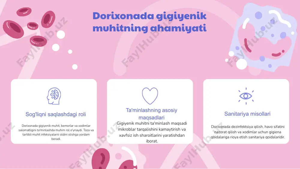 ariga rioya qilish nafaqat joriy sog'liqni saqlashni yaxshilaydi, balki kelajakda kasalliklarning oldini olishda ham muhim rol o'ynaydi. bu, o'z navbatida, jamiyatning umumiy farovonligini oshiradi. sanitariya qoidalarining asosiy tamoyillari sanitariya qoidalarining umumiy tushunchasi: sanitariya qoidalari, sog'liqni saqlash va xavfsizlikni ta'minlash uchun muhim qoidalardir. ular muhitni toza va xavfsiz saqlashni maqsad qiladi. sog'liqni saqlash va sanitariya qoidalari o'rtasidagi bog'lanish: ushbu qoidalar sog'liqni saqlash tizimining samaradorligini oshiradi. ular kasalliklarning oldini olish va tozalikka e'tibor qaratish orqali sog'liqni saqlash xizmatlarini yaxshilaydi. sanitariya qoidalariga rioya qilish: misollar va tajribalar: dorixonada muntazam tozalash orqali infeksiyalarni kamaytirish mumkin. sanitariya qoidalariga rioya qilish xodimlar va bemorlar sog'lig'ini himoya qiladi. sog'liqni saqlash tizimidagi sanitariya qoidalari sog'liqni saqlash tizimining sanitariya qoidalari ahamiyati va roli sanitariya qoidalari sog'liqni saqlash tizimida muhim ahamiyatga ega, chunki ular bemorlar va tibbiyot xodimlarini himoya qiladi. ushbu qoidalar infektsiyalarning tarqalishini oldini olish va umumiy gigiyena standartlarini ta'minlashda asosiy rol o'ynaydi. sanitariya qoidalarini bajarish va sog'liqni saqlash …