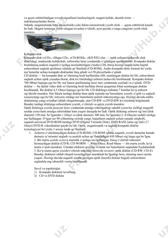 alt qo‘shilgan temir gamma-oksidning magnit jihatdan qattiq kukunidan iborat bo‘ladi. magnit lentasi asosi sifatida polietilenteleftalat, polivinilxlorid, diasetat va triasetat plyonka ishlatiladi. magnit lentasi plyonka sirtiga surkaladigan tarkib magnit kukuni, bog‘lovchi modda, eritgich, plastifikator va magnit lentasi sifatini yaxshilaydigan qo‘shimchalardan iborat bo‘ladi. magnit lentasi harorati 20±5°gacha bo‘lgan sharoitlarda ishlatiladi va saqlanadi. magnit lentalari metall va bimetalldan tayyorlanadi. lentaning eni va qalinligi uning nima maqsadda ishlatilishiga qarab tanlanadi. masalan, tovushni yozib olishda eni 3,81 va 6,25 mm, qalinligi 9–55 mkm bo‘lgan magnit lentasi ishlatilgan. yupqa ishchi qatlami so–ni (kobaltnikel), so–r (kobalt–fosfor) so–n–r (kobalt — azot — fosfor) va so–w (kobalt–volfram) qotishmalaridan iborat metall magnit lentalari ishlab chiqarilgan. magnit lentasining ustunligi yozuvni amalga oshirishda va ayrim signallarni qabul qilishda sezgirligidan iborat. ko‘p qatlamli magnit lentasi o‘z davrida juda keng tarqalgan. magnitli yozuv — tovush (nutq, musiqa)ni magnitli axborotni saqlovchi va tashuvchi (magnit lentasi, magnit disk va boshqalar)ga magnit usulida yozib olish hamda qayta …