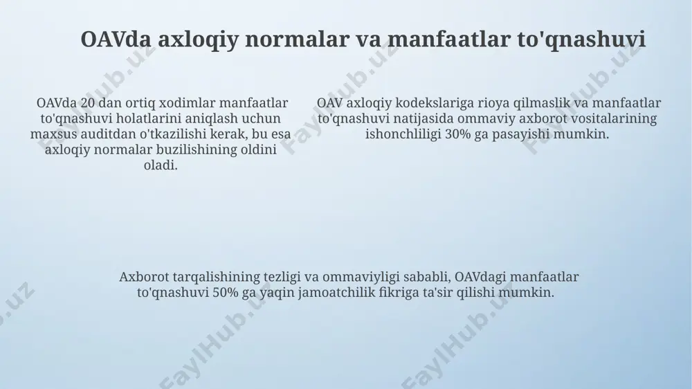 gan javobgarlik mexanizmlarining yetarli emasligini koʻrsatadi. jurnalistika sohasidagi manfaatlar to'qnashuvi misollar agar jurnalist siyosiy partiyaning a'zosi bo‘lib, shu partiya haqida xabar tayyorlasa, sub’ektivlik va partiyaviylik ko‘rinishi mumkin. bunday holatlarning 20% si ommaviy axborot vositalarida tarqalgan noto‘g‘ri ma’lumotlarga sabab bo‘ladi. jurnalistning yaqin qarindoshi yoki do‘sti muayyan kompaniyada yuqori lavozimda ishlasa va shu kompaniya haqida ijobiy maqola yozishga majbur bo‘lsa, bu manfaatlar to‘qnashuvi hisoblanadi. masalan, 3 ta katta kompaniyadan bittasining haqida xolis xabar berish qiyin bo‘lishi mumkin. jurnalistning yaqin qarindoshi yoki do‘sti muayyan kompaniyada yuqori lavozimda ishlasa va shu kompaniya haqida ijobiy maqola yozishga majbur bo‘lsa, bu manfaatlar to‘qnashuvi hisoblanadi. masalan, 3 ta katta kompaniyadan bittasining haqida xolis xabar berish qiyin bo‘lishi mumkin. oavdagi manfaatlar to'qnashuvisini oldini olish choralari oavdagi manfaatlar to'qnashuvini oldini olish uchun, xodimlarga yillik 2 marta axloq qoidalari va manfaatlar to'qnashuvi bo'yicha 4 soatlik maxsus treninglar o'tkazish zarur. oav tashkilotlarida manfaatlar to'qnashuvi holatlarini aniqlash va oldini olish uchun, kamida …
