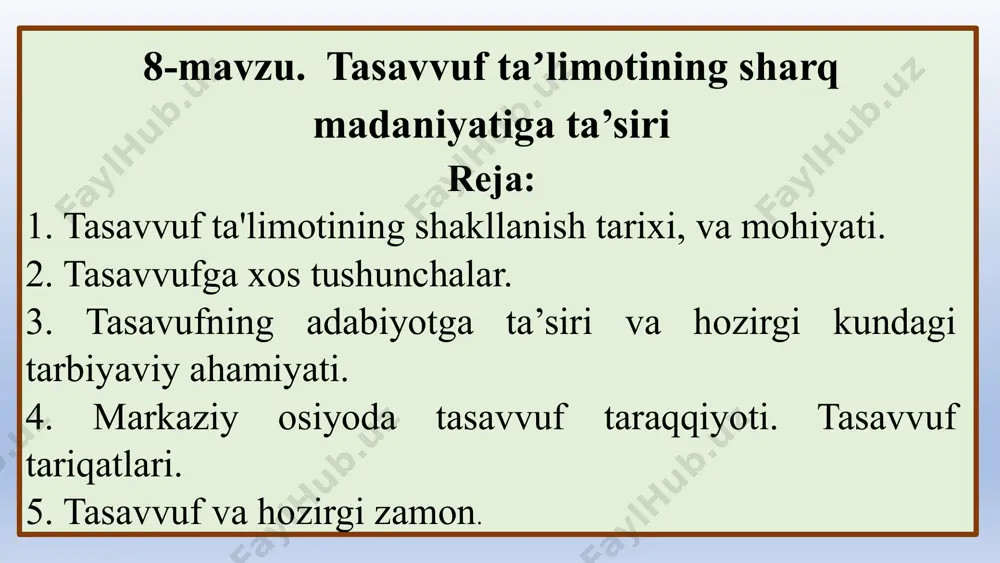 avvuf tushunchasi va mazmun-mohiyati. tasavvuf - islom doirasidagi mistik-zohidlik oqimidir. ushbu ta’limot tanlangan insonlar (al-xossa) ning alloh bilan hissiy bog‘lanishi haqidagi g‘oyani olg‘a suradi. tasavvuf va unga o‘zakdosh bo‘lgan sufiy, mutasavvif atamalar kelib chiqishi haqida turli qarashlar mavjud. ushbu atama “jun, yung” ma’nosini bildiruvchi sufdan olingan. ilk sufiylarning, hadisda aytilganidek, sovuq va issiqdan saqlaydigan jun chopon - xirqa kiyib yurganliklari bilan bog‘liq. to‘g‘ri, tasavvufning paydo bo‘lishiga turtki bo‘lgan barcha zohidlar ham sufiy deb atalmaganlar. ularga ko‘pincha zuhhod (birligi - zohid) so‘zini qo‘llaganlar. zohidlik amalda islom bilan bir davrda paydo bo‘ldi. tasavvuf yozma an’anasiga ko‘ra, muhammad (s.a.v) payg‘ambarning sahobalari orasida abu dardo, abu zarr, huzayfa kabilarni sufiylar deb ataladi. tasavvuf haqidagi ta’riflardan namuna: 1.tasavvuf shar’iy odoblar ila zohirda turib, uning hukmini botinda ko‘rish. shuningdek, shar’iy odoblar ila botinda turib, uning hukmini zohirda ko‘rishdir. odoblanuvchi uchun ikki hukm ila kamol hosil bo‘lur. 2. tasavvuf bir mazhab bo‘lib, maqsadi qalbni allohdan boshqadan xoli …