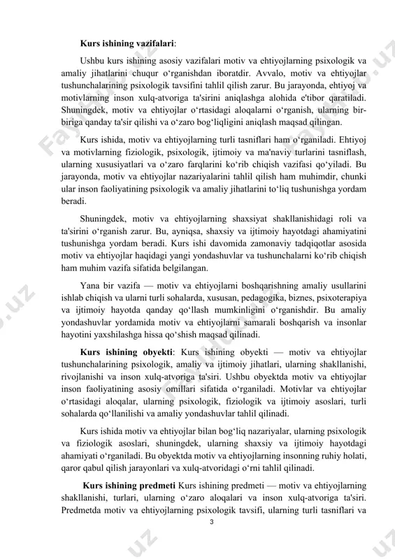 ‘rib chiqish ham muhim vazifa sifatida belgilangan. yana bir vazifa — motiv va ehtiyojlarni boshqarishning amaliy usullarini ishlab chiqish va ularni turli sohalarda, xususan, pedagogika, biznes, psixoterapiya va ijtimoiy hayotda qanday qo‘llash mumkinligini o‘rganishdir. bu amaliy yondashuvlar yordamida motiv va ehtiyojlarni samarali boshqarish va insonlar hayotini yaxshilashga hissa qo‘shish maqsad qilinadi. kurs ishining obyekti: kurs ishining obyekti — motiv va ehtiyojlar tushunchalarining psixologik, amaliy va ijtimoiy jihatlari, ularning shakllanishi, rivojlanishi va inson xulq-atvoriga ta'siri. ushbu obyektda motiv va ehtiyojlar inson faoliyatining asosiy omillari sifatida o‘rganiladi. motivlar va ehtiyojlar o‘rtasidagi aloqalar, ularning psixologik, fiziologik va ijtimoiy asoslari, turli sohalarda qo‘llanilishi va amaliy yondashuvlar tahlil qilinadi. kurs ishida motiv va ehtiyojlar bilan bog‘liq nazariyalar, ularning psixologik va fiziologik asoslari, shuningdek, ularning shaxsiy va ijtimoiy hayotdagi ahamiyati o‘rganiladi. bu obyektda motiv va ehtiyojlarning insonning ruhiy holati, qaror qabul qilish jarayonlari va xulq-atvoridagi o‘rni tahlil qilinadi. kurs ishining predmeti kurs ishining predmeti — motiv …